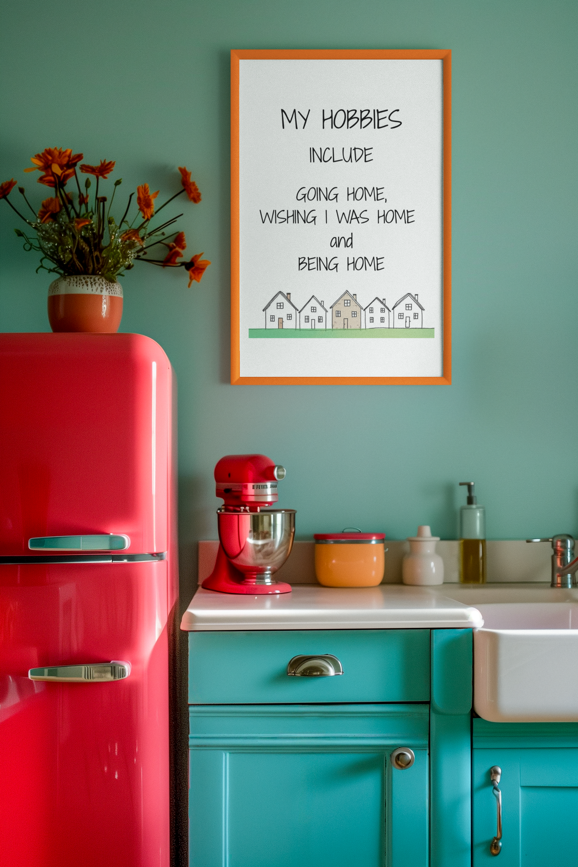 Cozy typography printable wall art featuring “My hobbies include going home, wishing I was home, and being home” with hand-drawn house illustrations