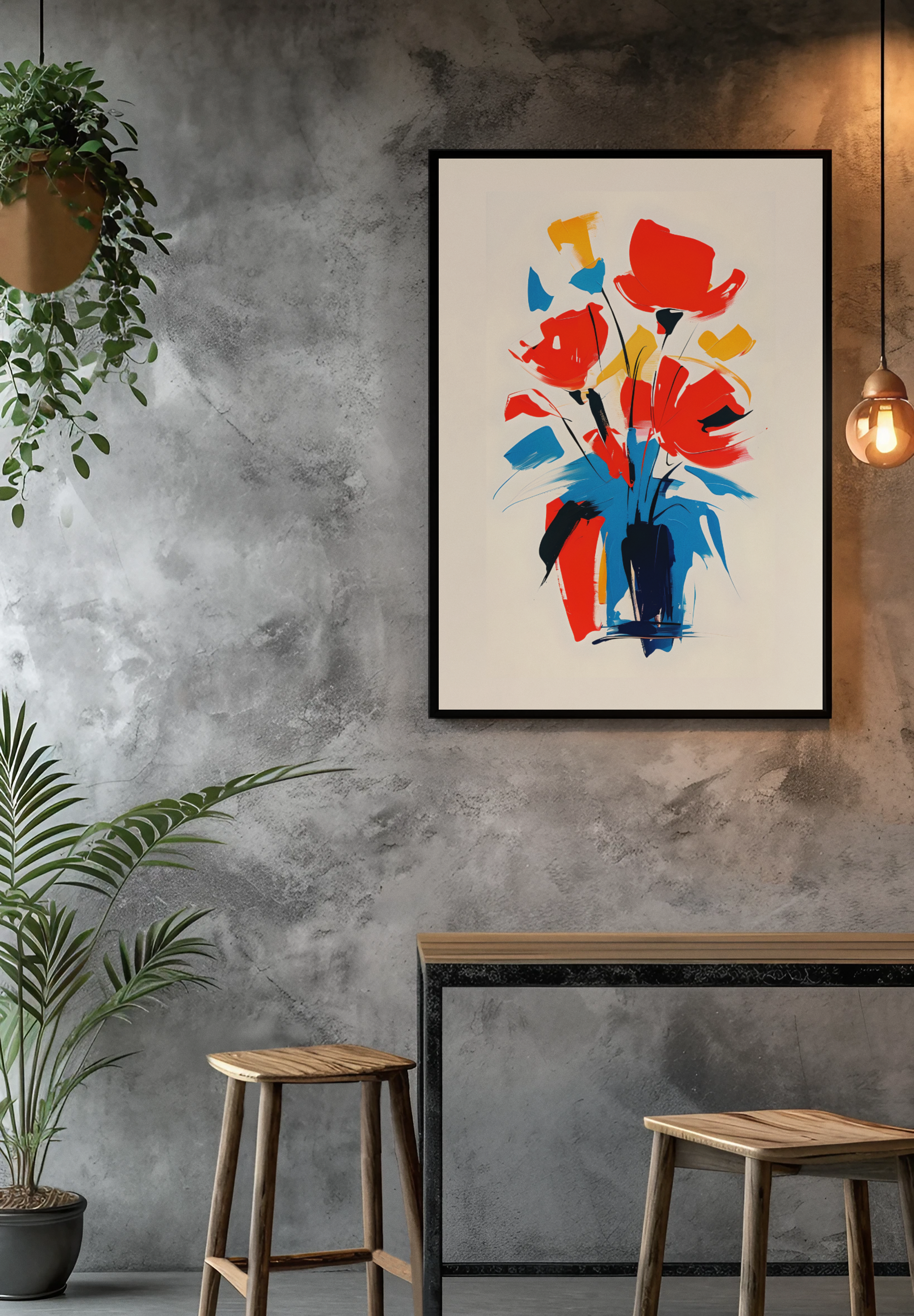 Framed abstract floral artwork on a gray wall with plants and a table below.
