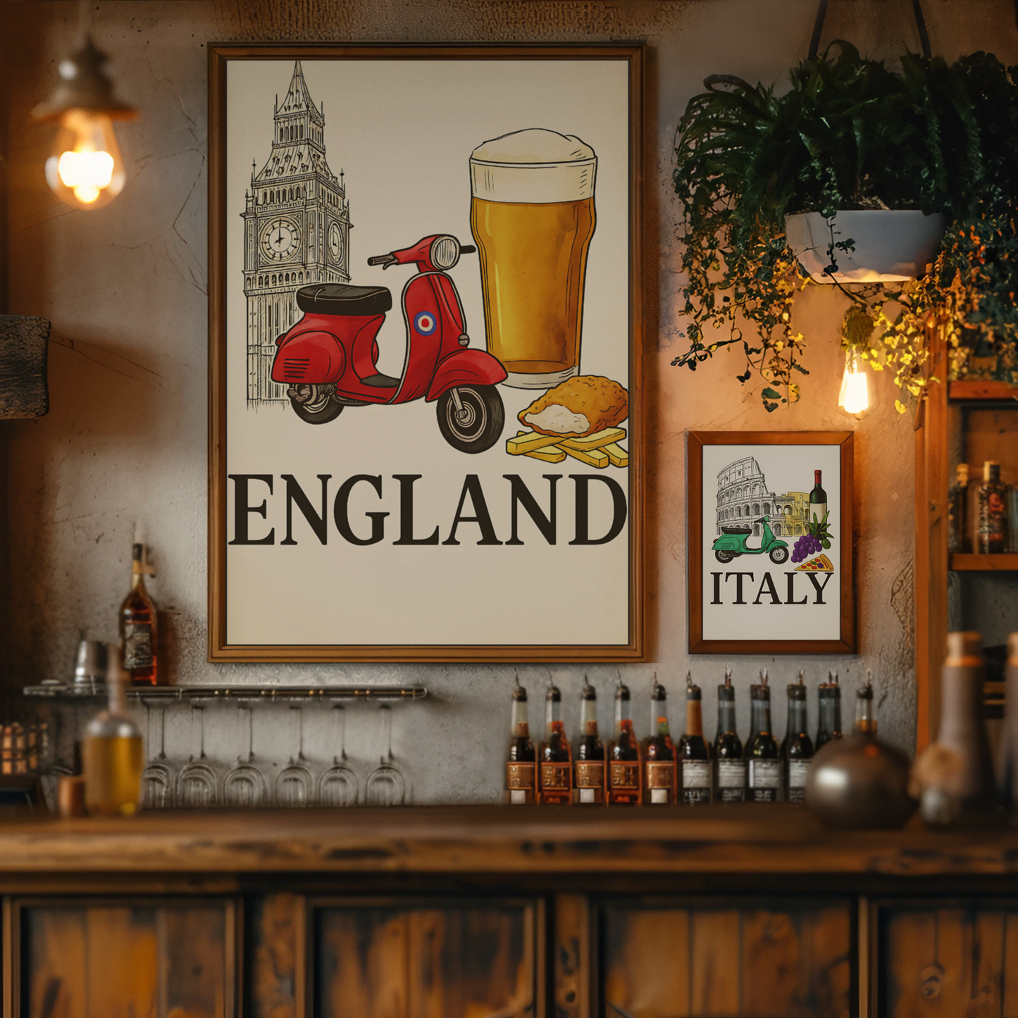 Decorative posters of England and Italy on a bar wall with bottles and glasses.