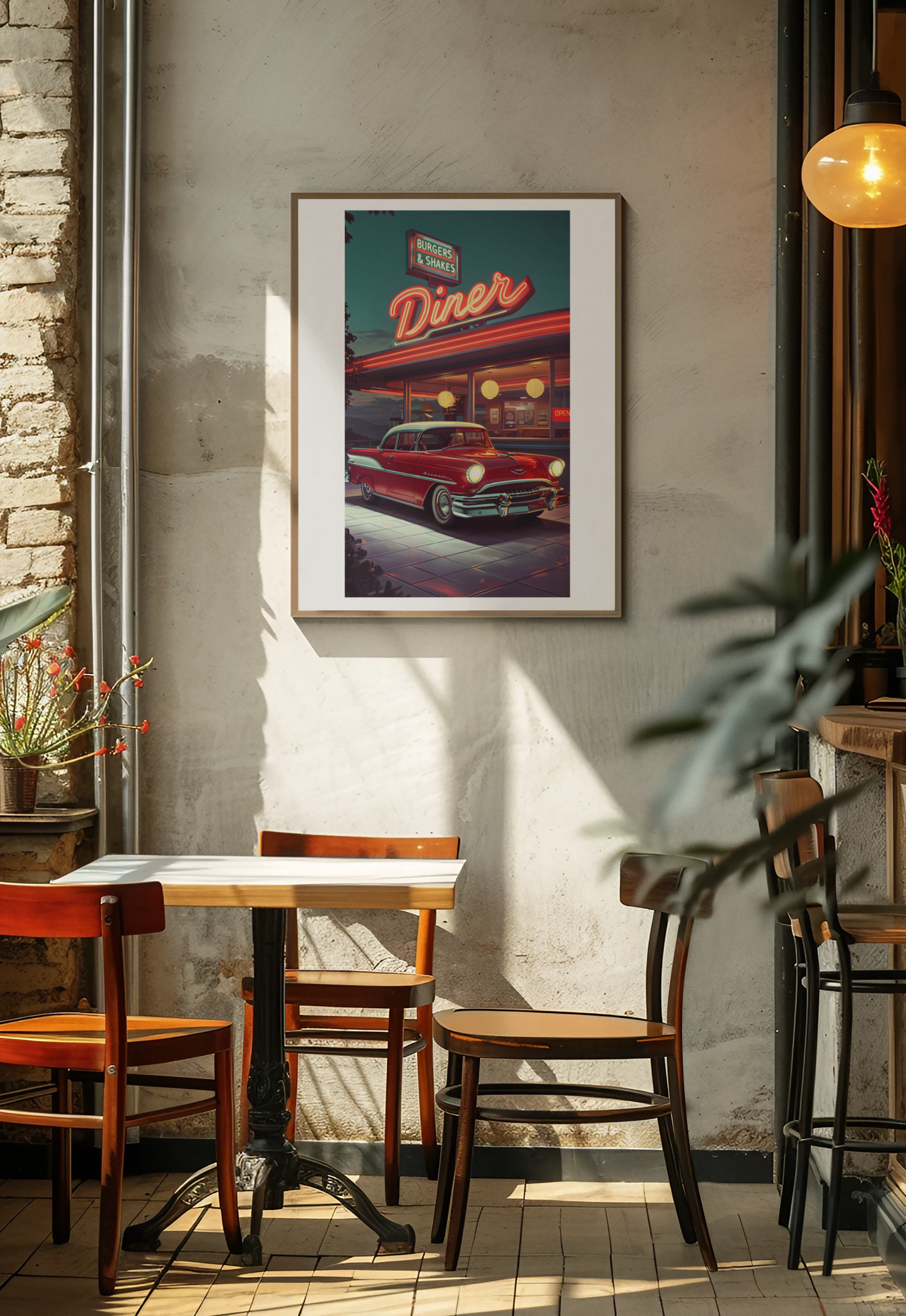 Vintage Red Car and Retro Diner Poster - Classic Americana Wall Art on Semi-Glossy Paper