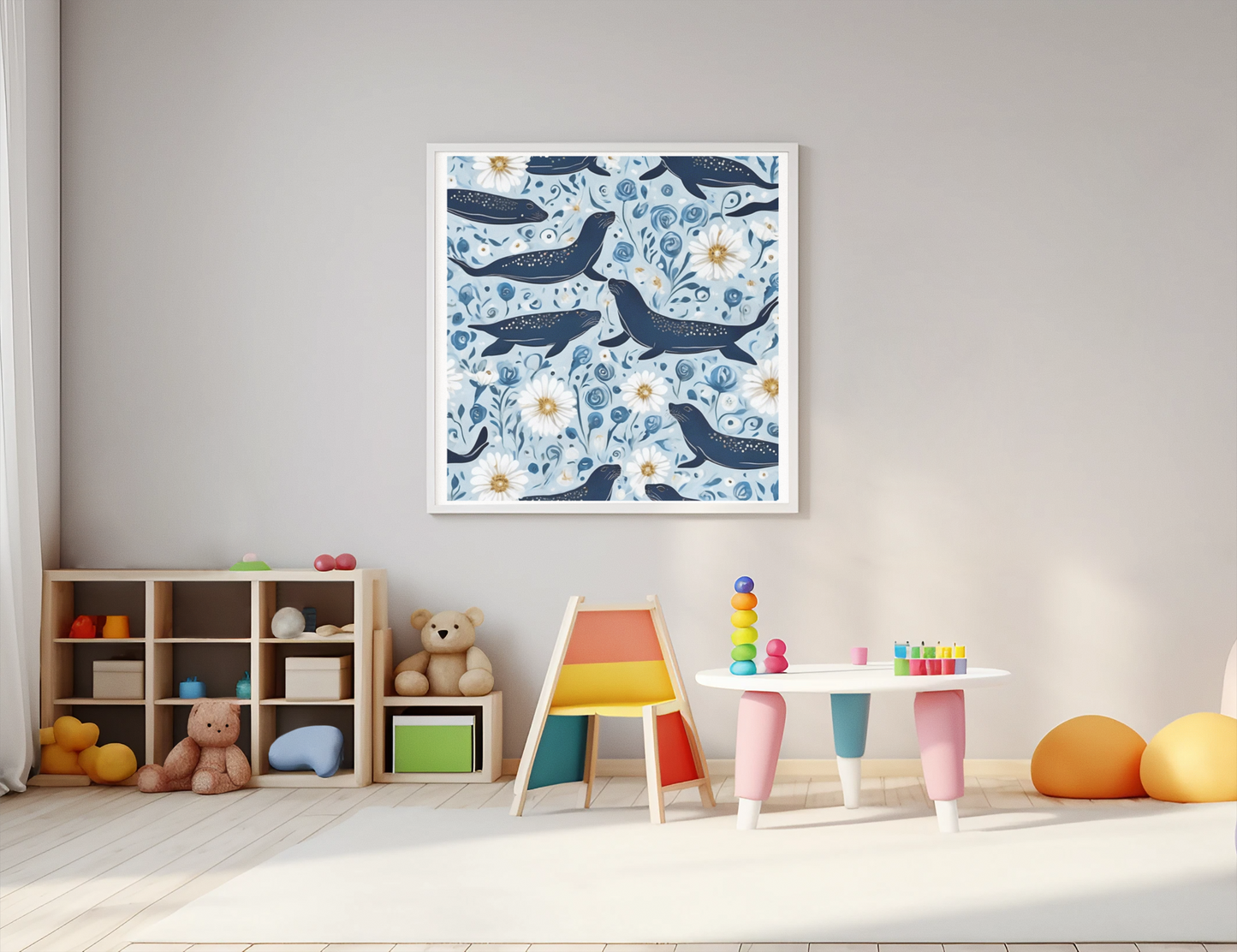 Whimsical Seal and Daisy Art Print - Coastal Nature Wall Art, Framed Poster, Ready to Hang