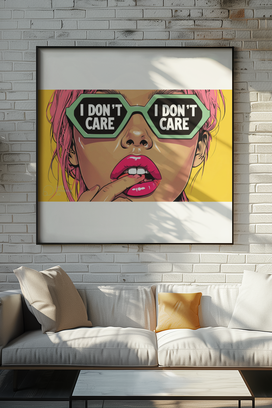 Bold â€œI Donâ€™t Careâ€ motivational poster with vibrant pink and teal colors, featuring graphic sunglasses and confident message on modern interior wall.