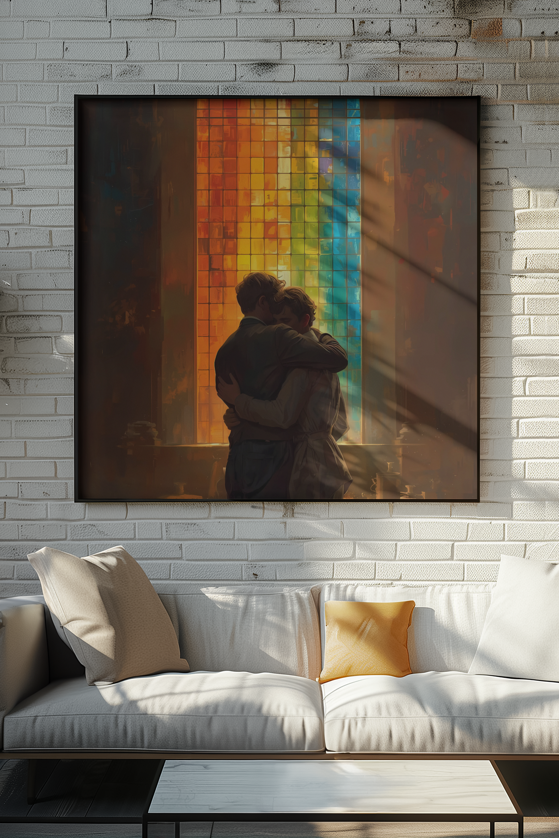Rainbow Window Poster hanging in a modern living room, complementing natural light and neutral furniture.