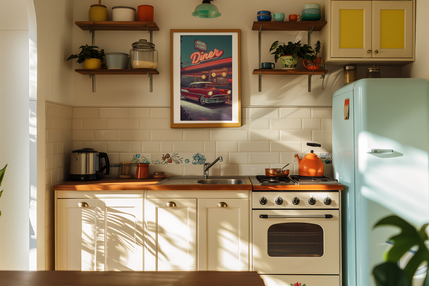 Vintage Red Car and Retro Diner Poster - Classic Americana Wall Art on Semi-Glossy Paper