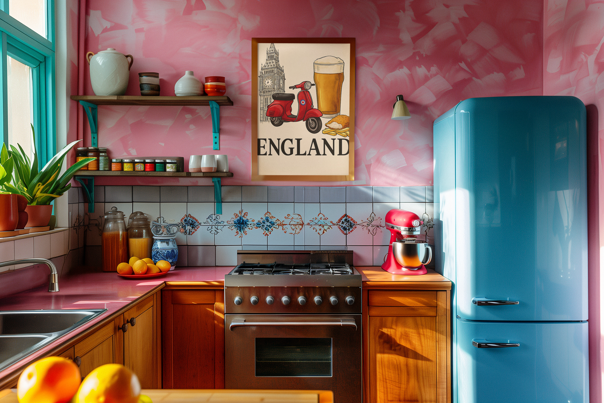 Colorful kitchen with pink walls, blue refrigerator, and wooden cabinets.