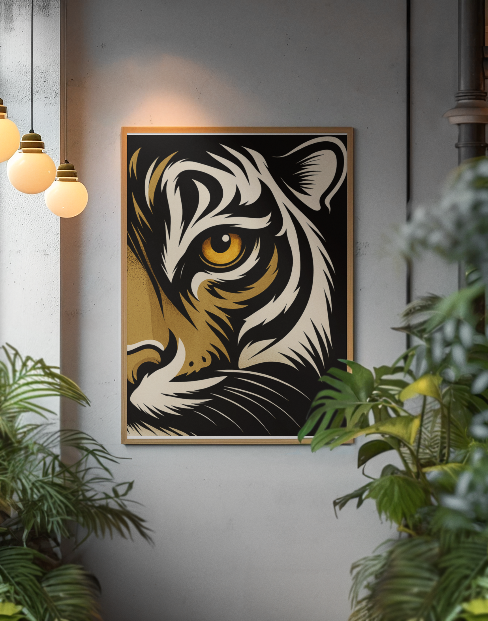 Framed artwork of a tiger's face on a wall with plants and lights in the background