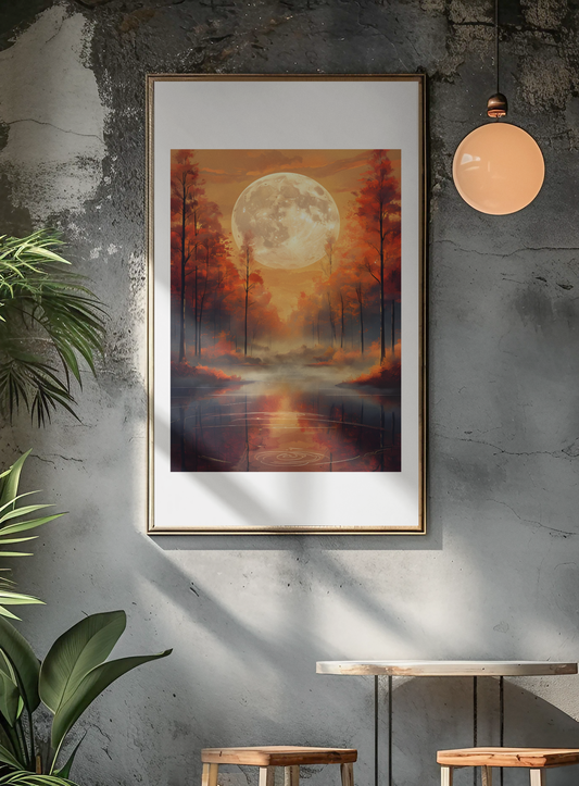 Experience the tranquility of nature with our "Serene Autumn Landscape with Luminous Full Moon" Art Poster