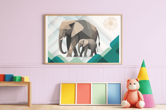 Framed geometric elephant wall art displayed in a pastel nursery with wooden toys and soft pink walls – modern jungle-themed decor mockup