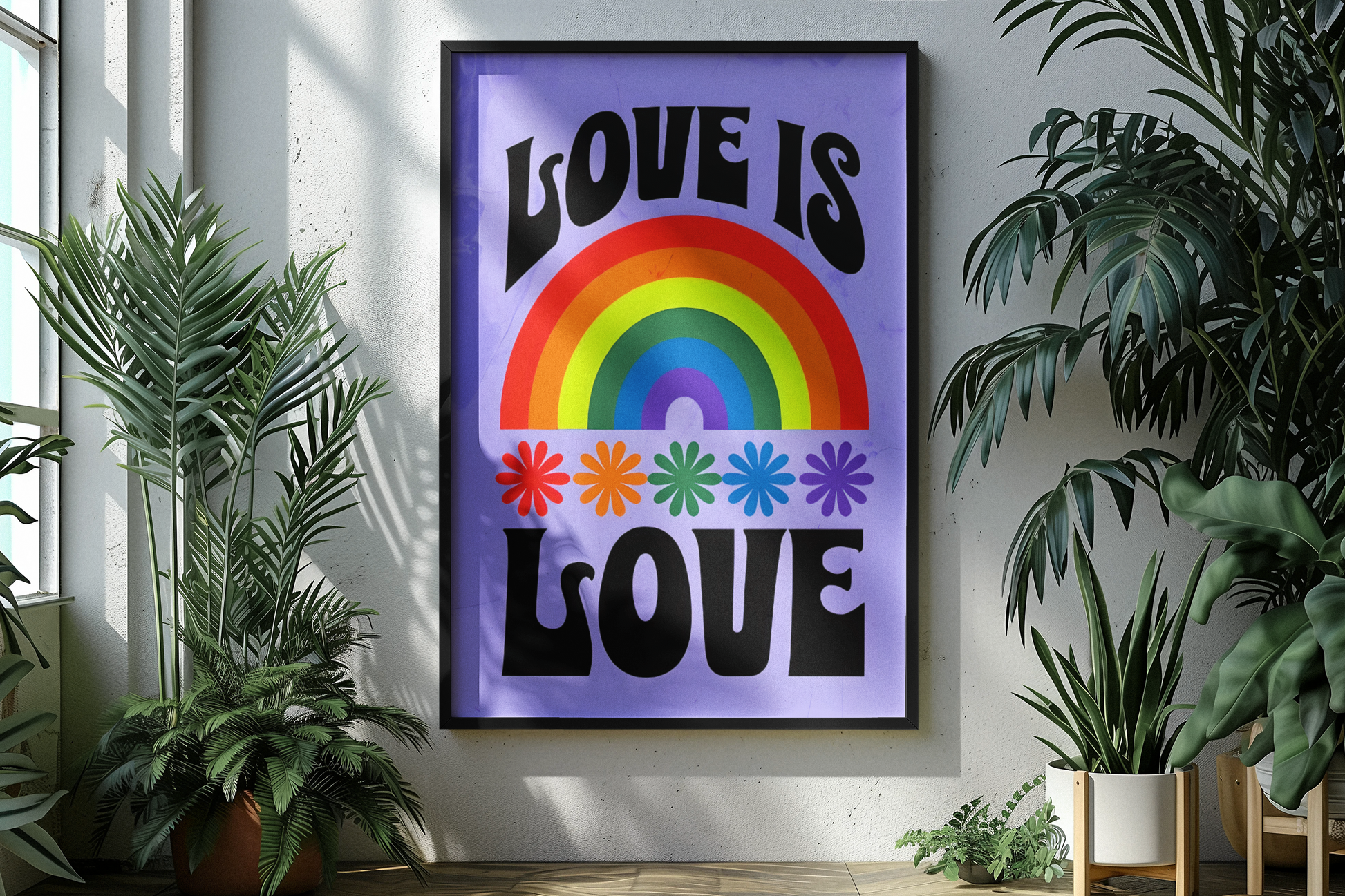 Framed artwork with rainbow and 'LOVE IS LOVE' text in a room with plants.