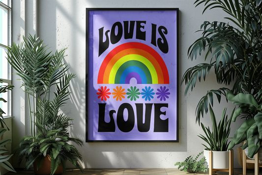 Framed artwork with rainbow and 'LOVE IS LOVE' text in a room with plants.