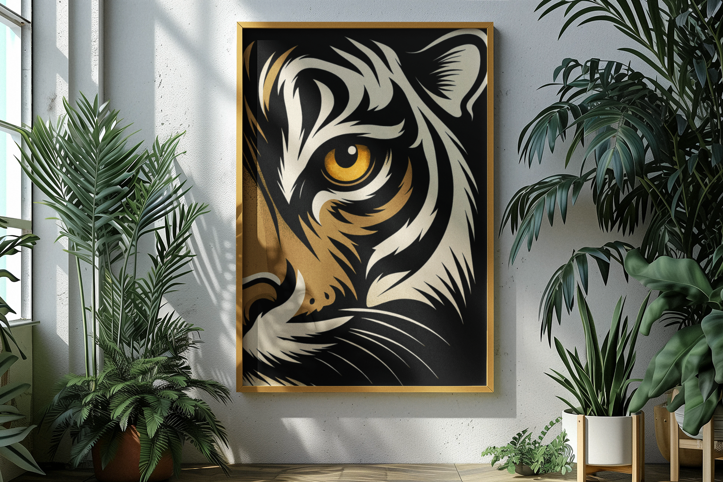Framed artwork of a tiger's face on a wall with plants around