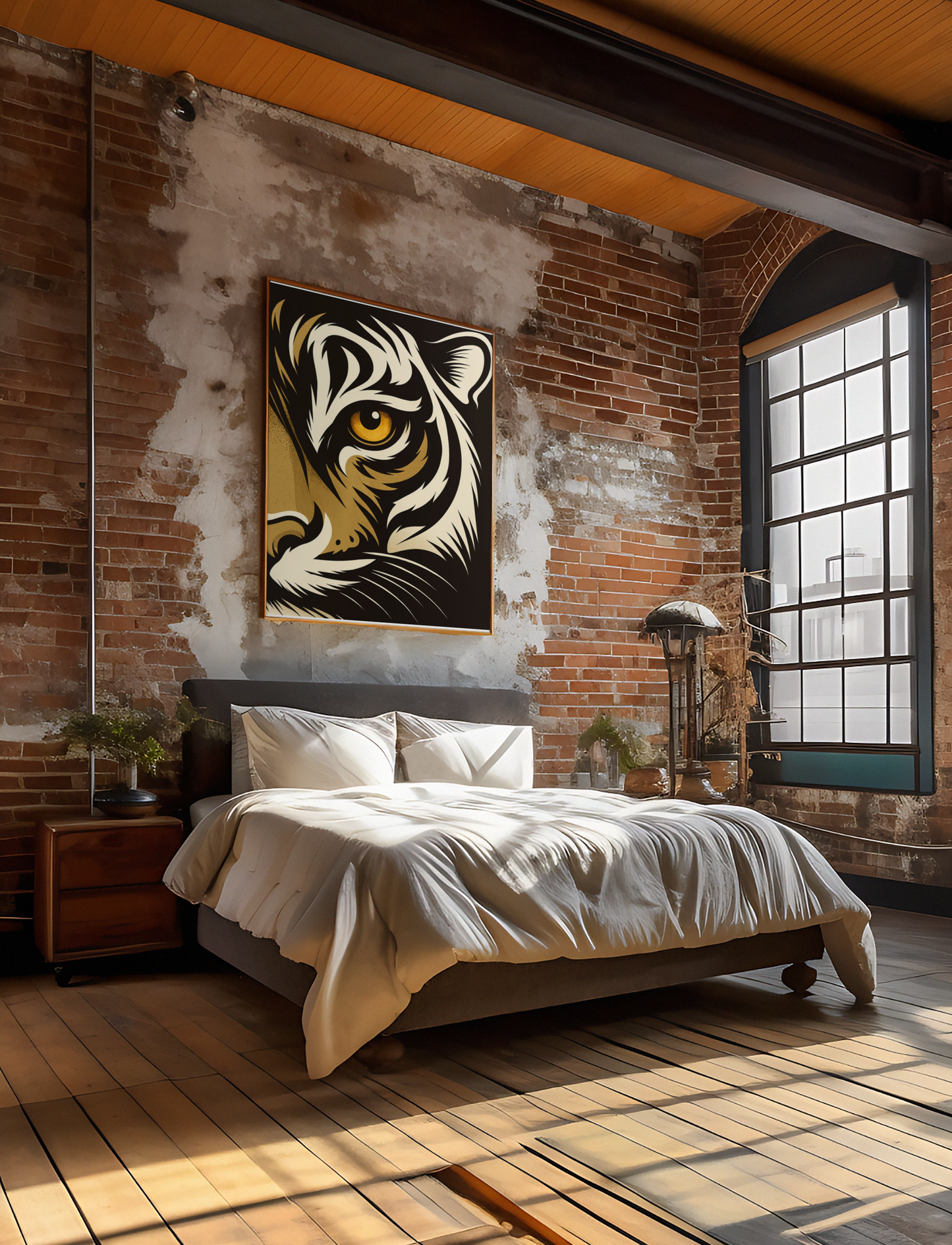Modern bedroom with brick wall, tiger artwork, and wooden floor.