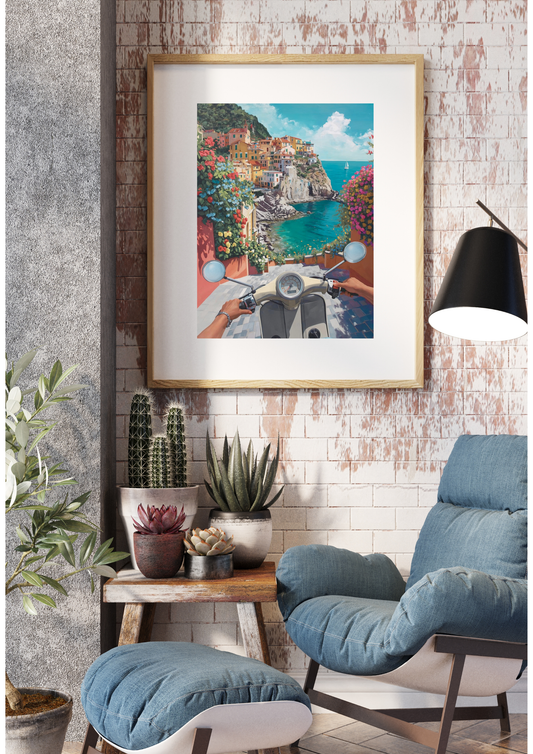 Framed artwork of a scenic coastal view with a scooter, displayed in a living room setting.