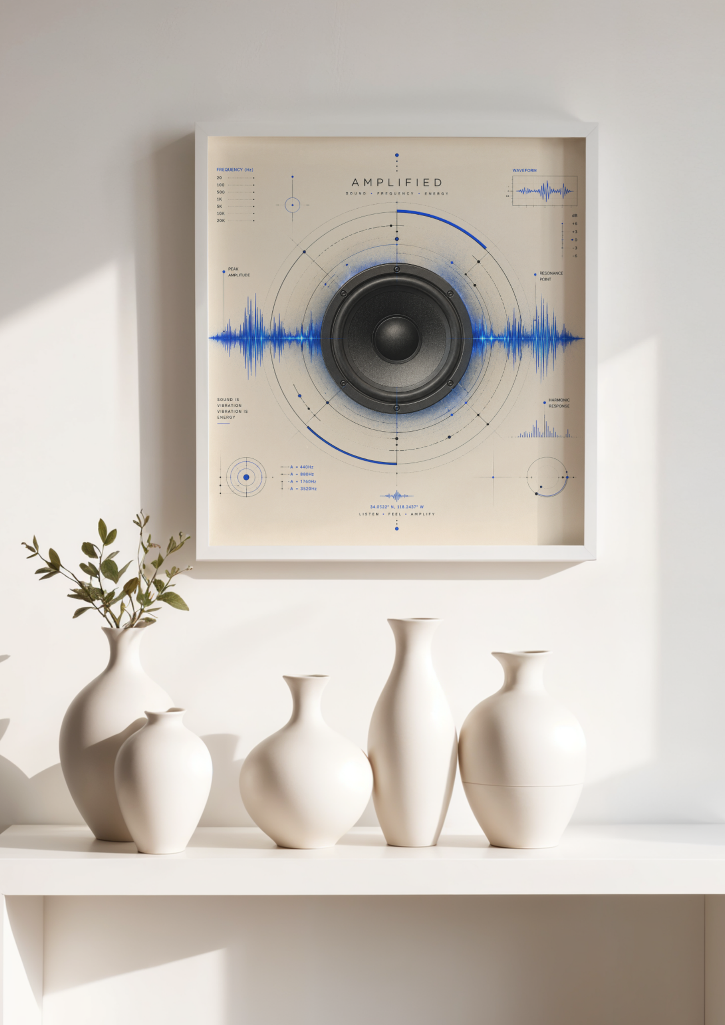 Framed Amplified scientific speaker print styled above a console table with ceramic vases in a warm minimalist interior.