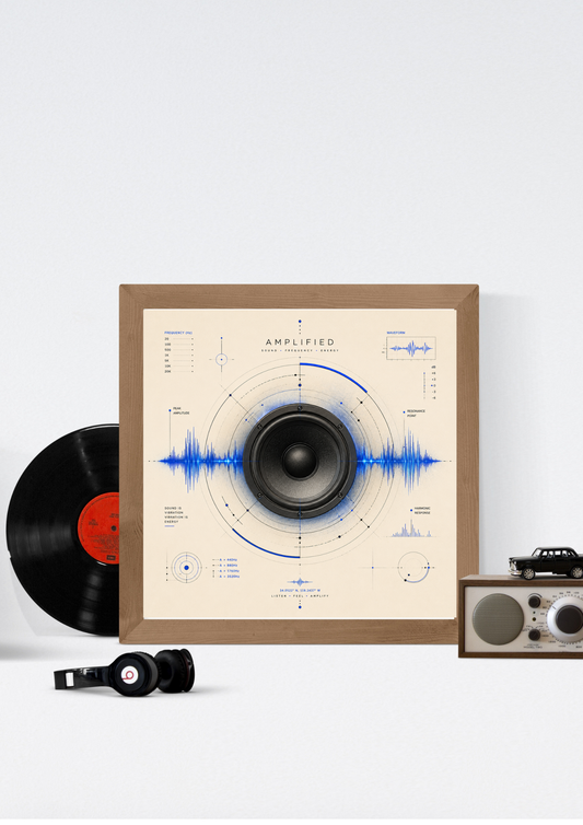 Amplified speaker wall art displayed beside a vinyl record player, combining modern acoustic design with contemporary music-inspired décor.