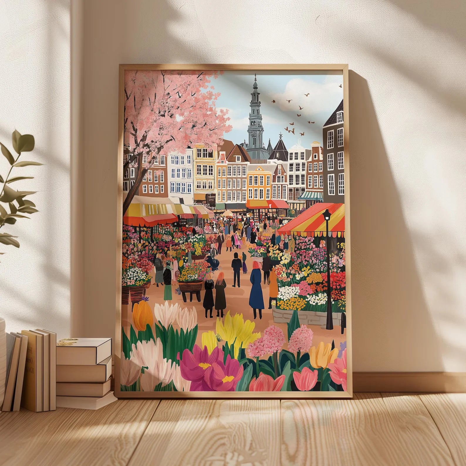Amsterdam flower market canvas wall art print with colorful tulips and city buildings