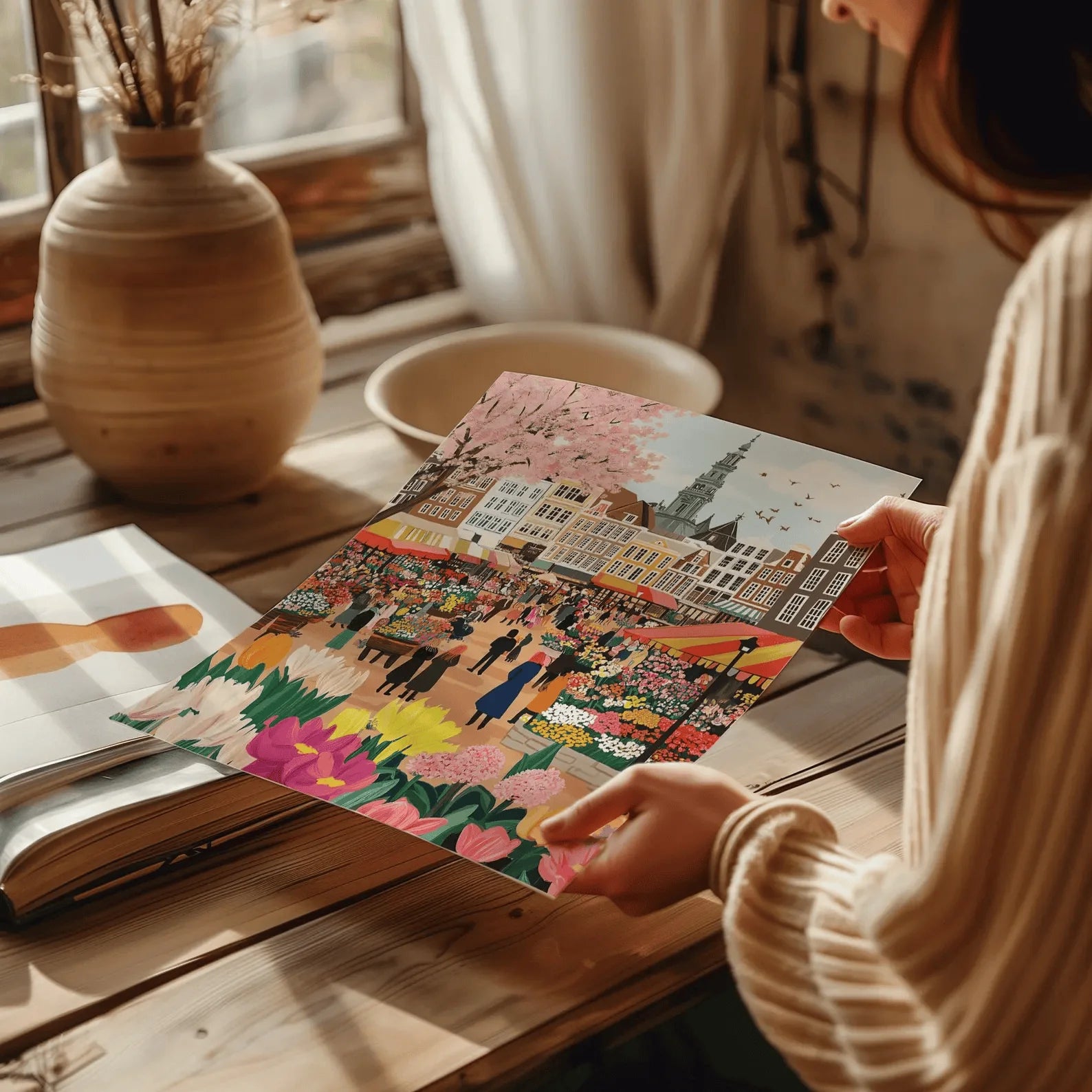 Person holding a colorful book open on a wooden table with a vase and window in the background