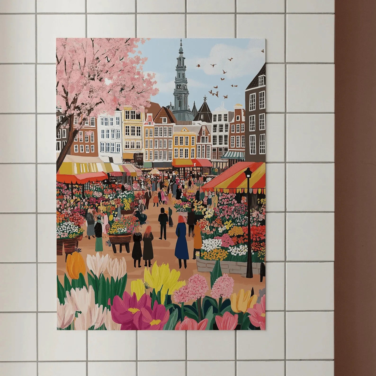 Colorful painting of a market scene with flowers and buildings on a tiled wall.