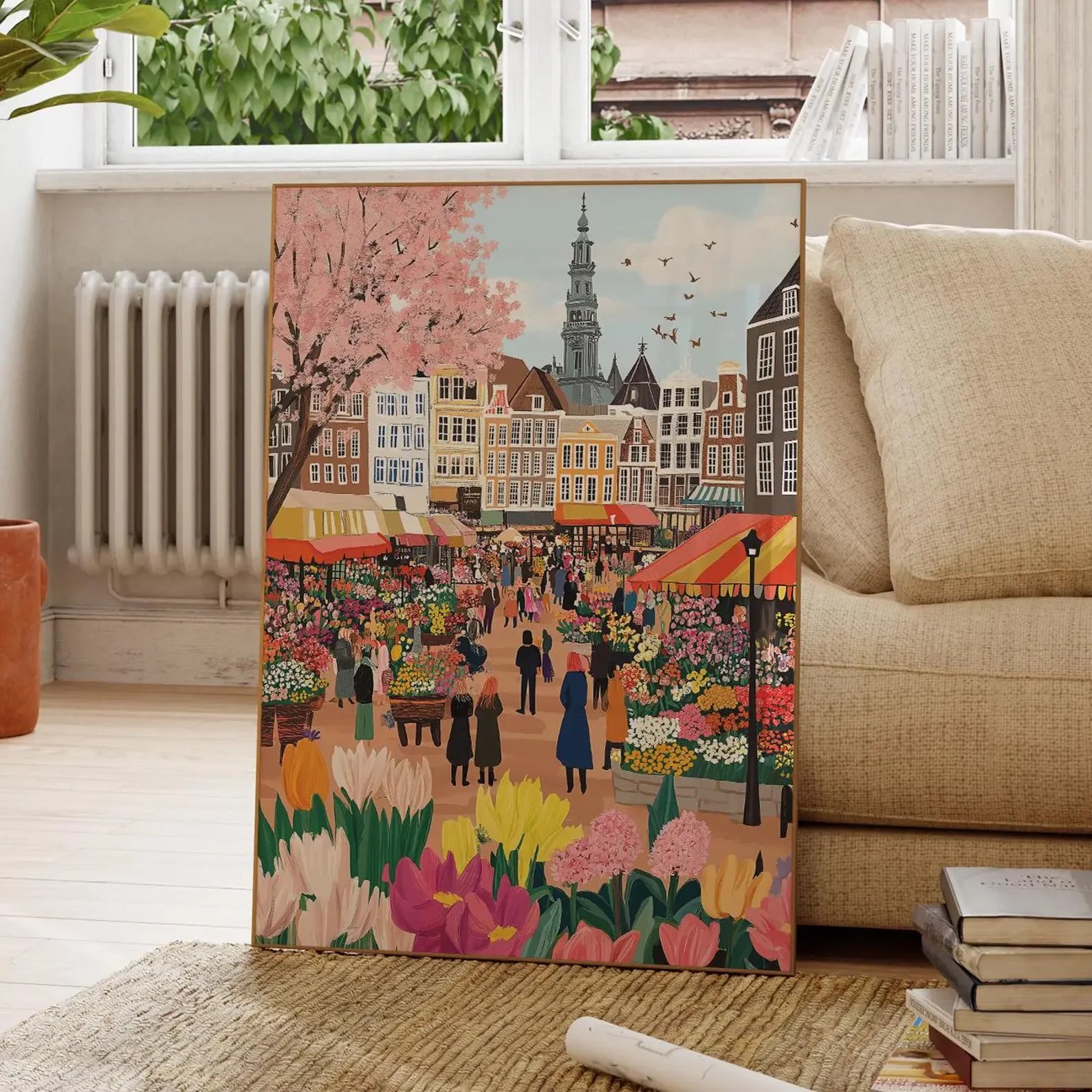 Decorative panel with a colorful cityscape and market scene in a living room.