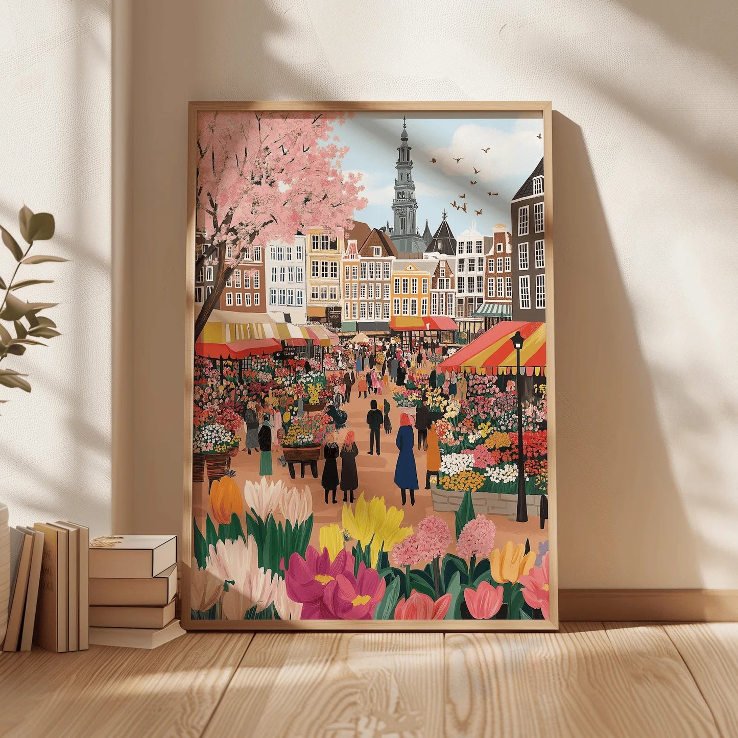 Framed artwork of a colorful market scene with flowers and buildings.