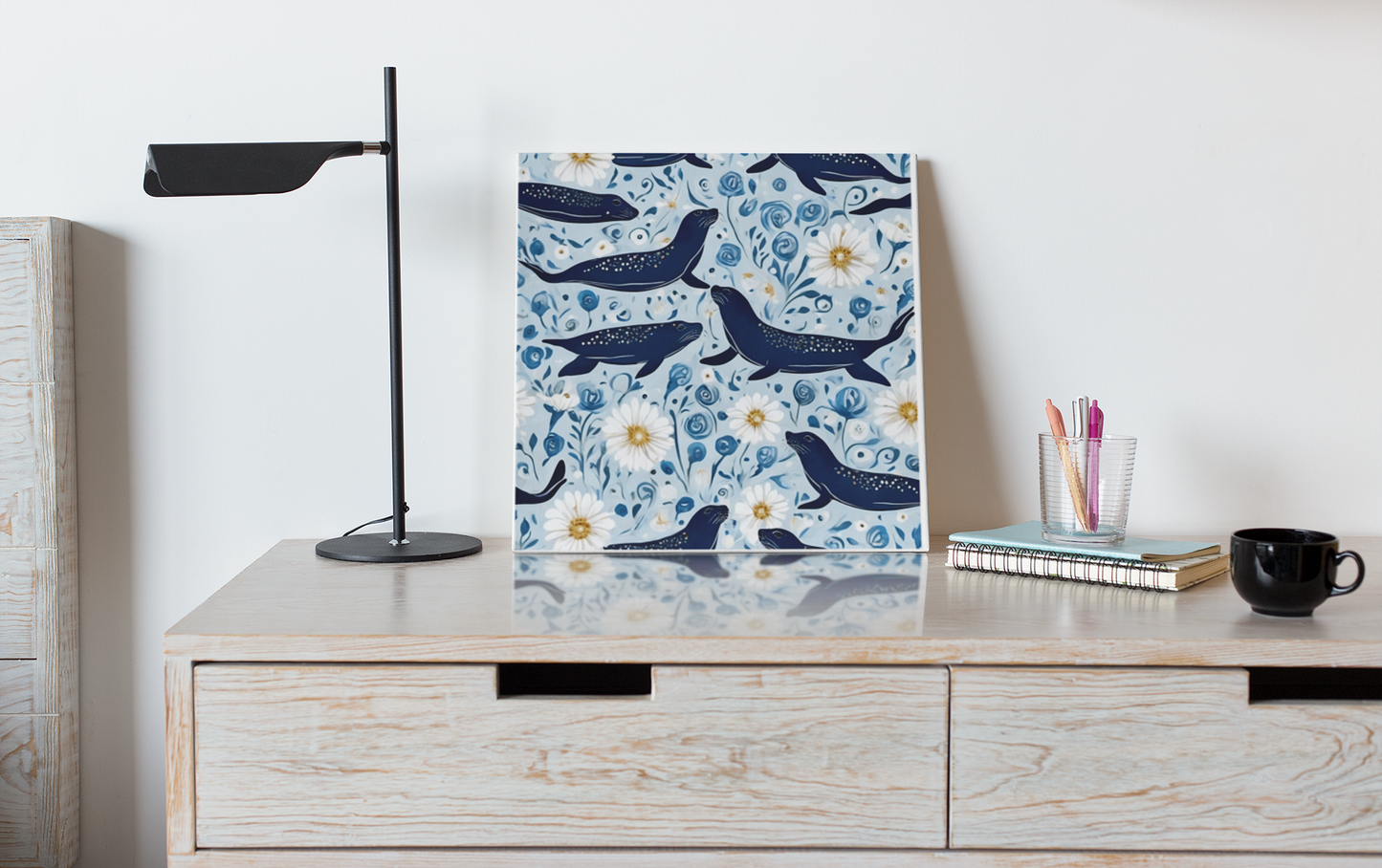 Whimsical Seal and Daisy Art Print - Coastal Nature Wall Art, Framed Poster, Ready to Hang
