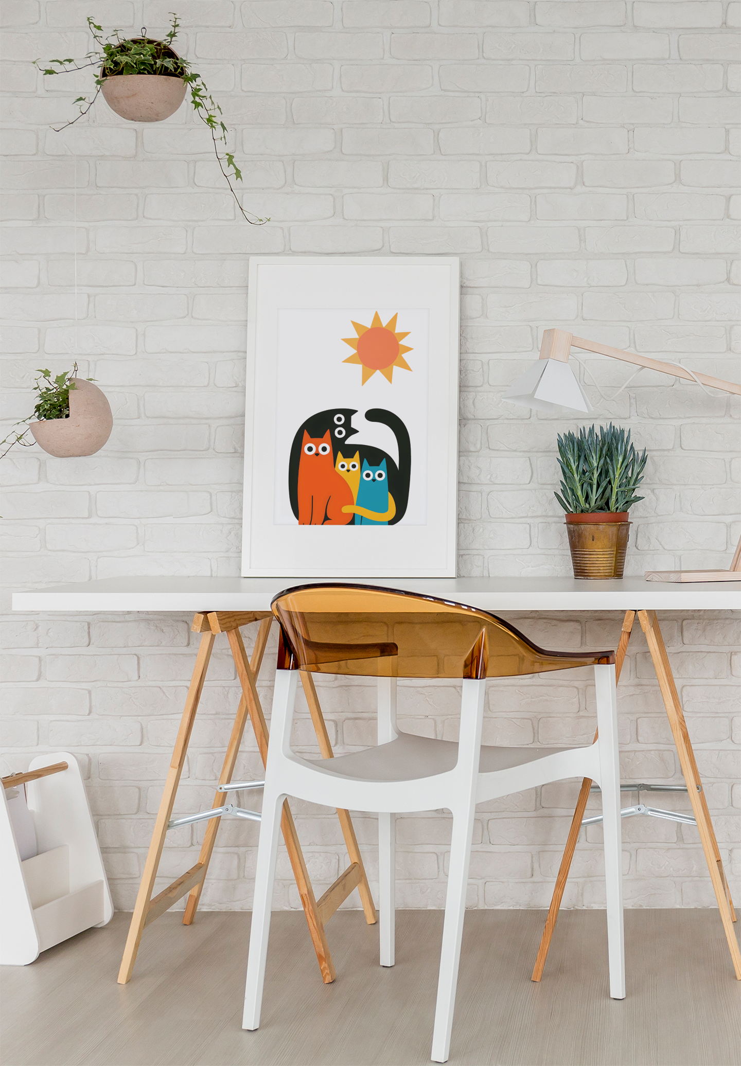 Modern interior with a white brick wall, a table with a chair, and a colorful abstract art print.