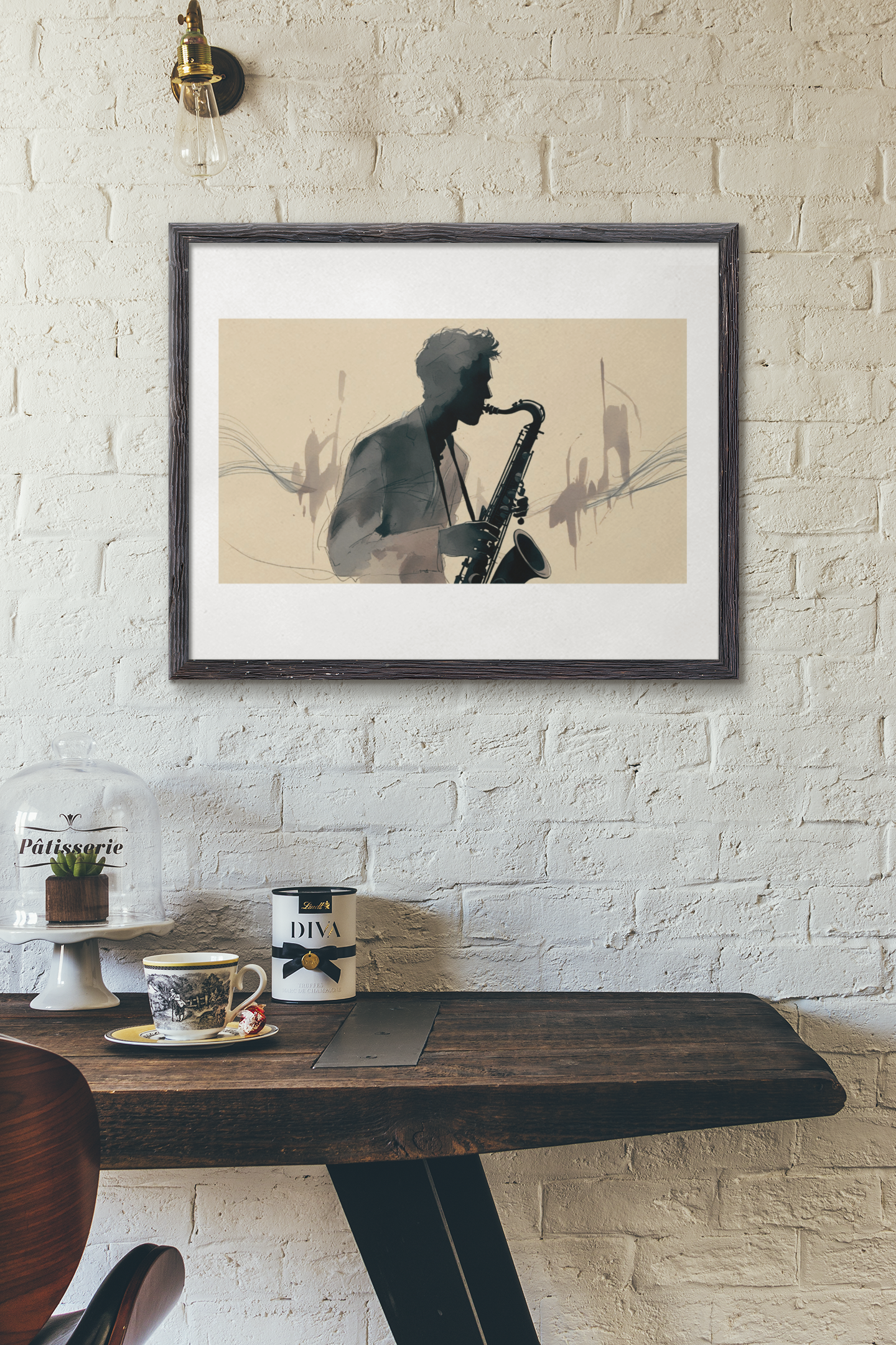 Framed artwork of a silhouette playing a saxophone on a brick wall above a wooden table.