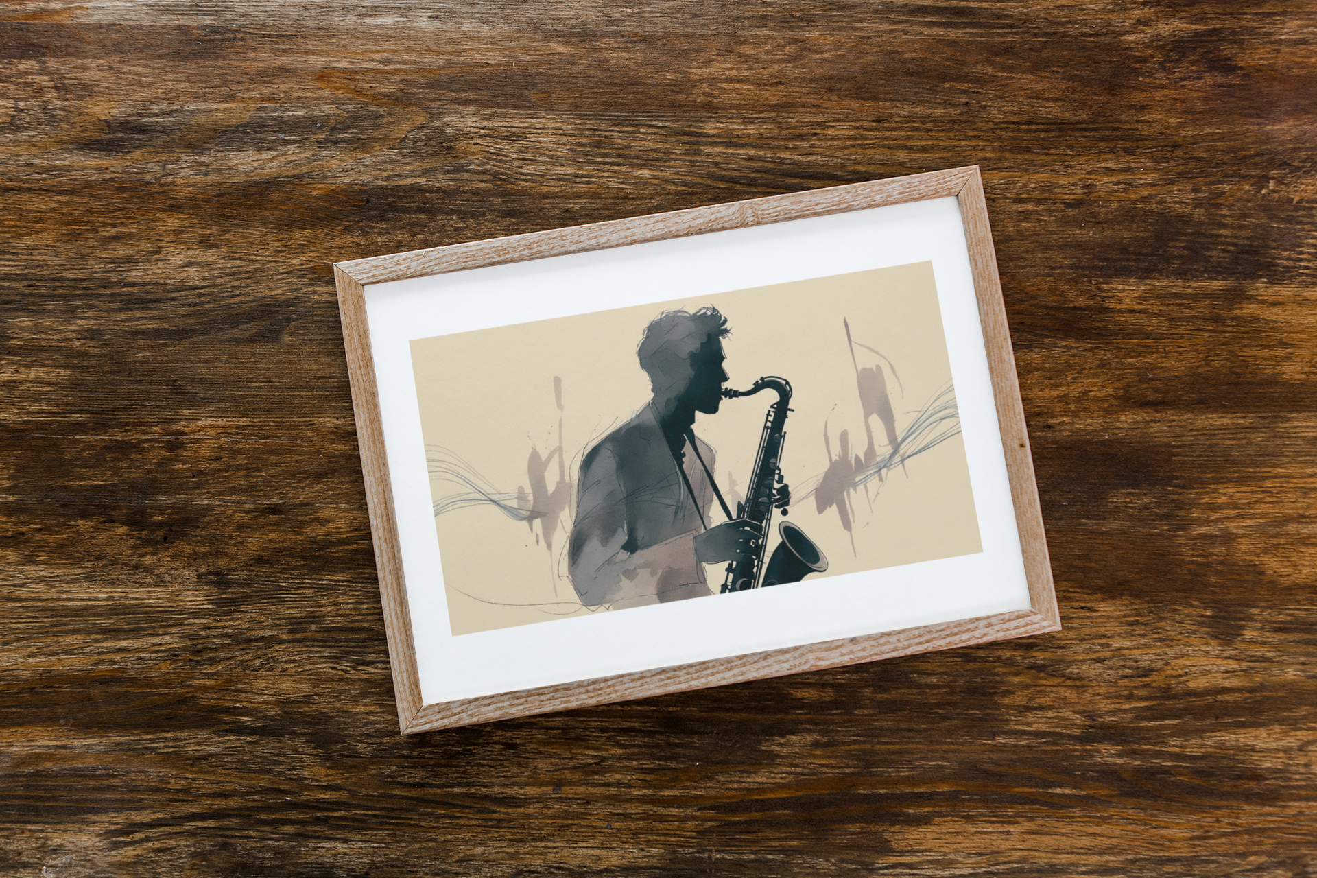 Framed artwork of a silhouette playing a saxophone on a wooden surface