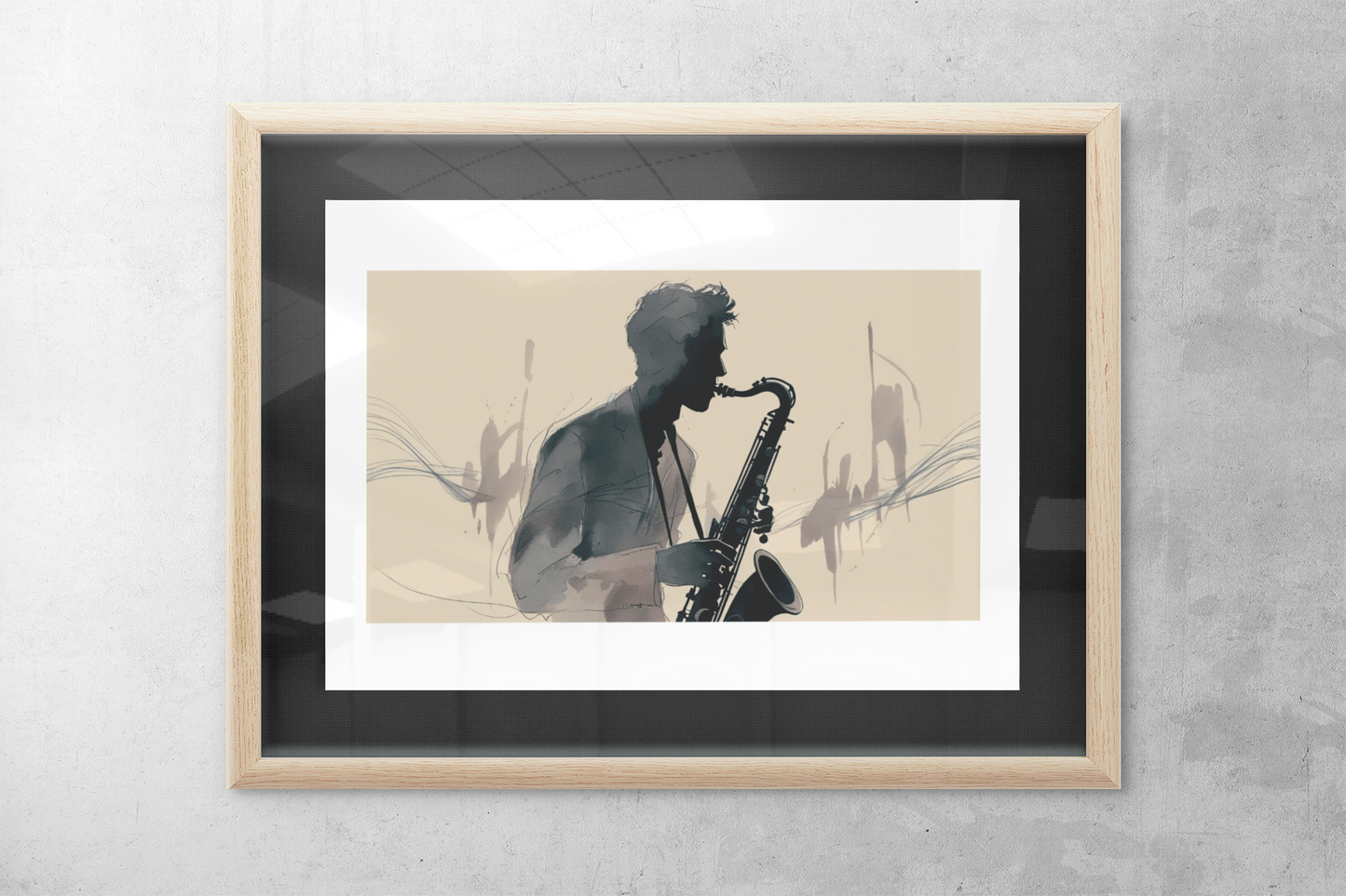 Framed artwork of a silhouette playing a saxophone on a textured wall.