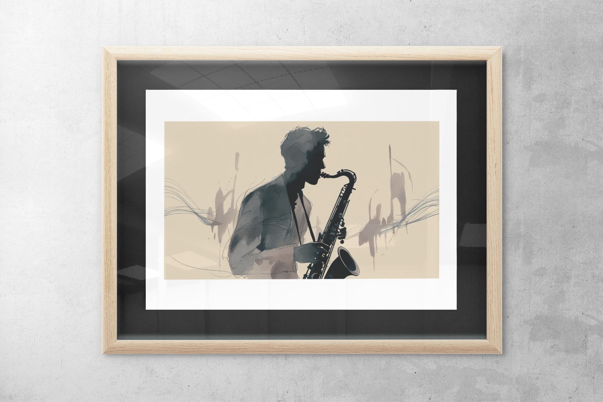 Framed artwork of a silhouette playing a saxophone on a textured wall.