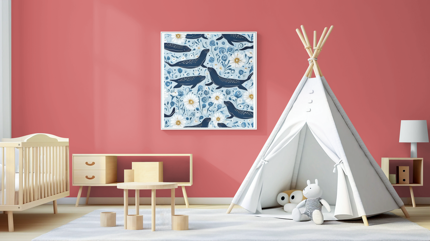 Whimsical Seal and Daisy Art Print - Coastal Nature Wall Art, Framed Poster, Ready to Hang