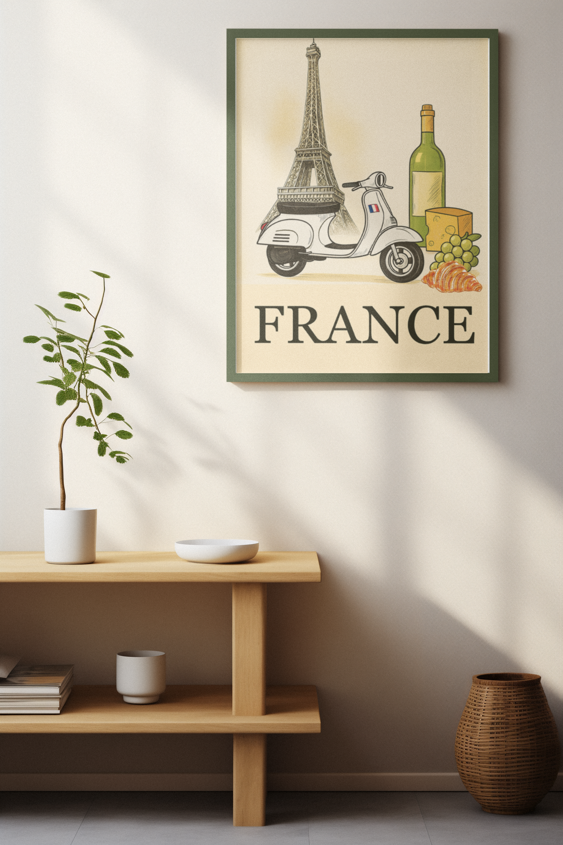 Framed artwork with Eiffel Tower, scooter, and 'France' text on a wall above a wooden shelf.