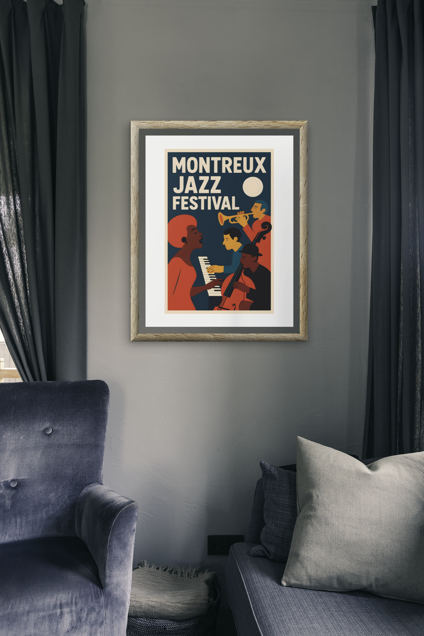Framed Montreux Jazz Festival poster on a gray wall above a sofa.