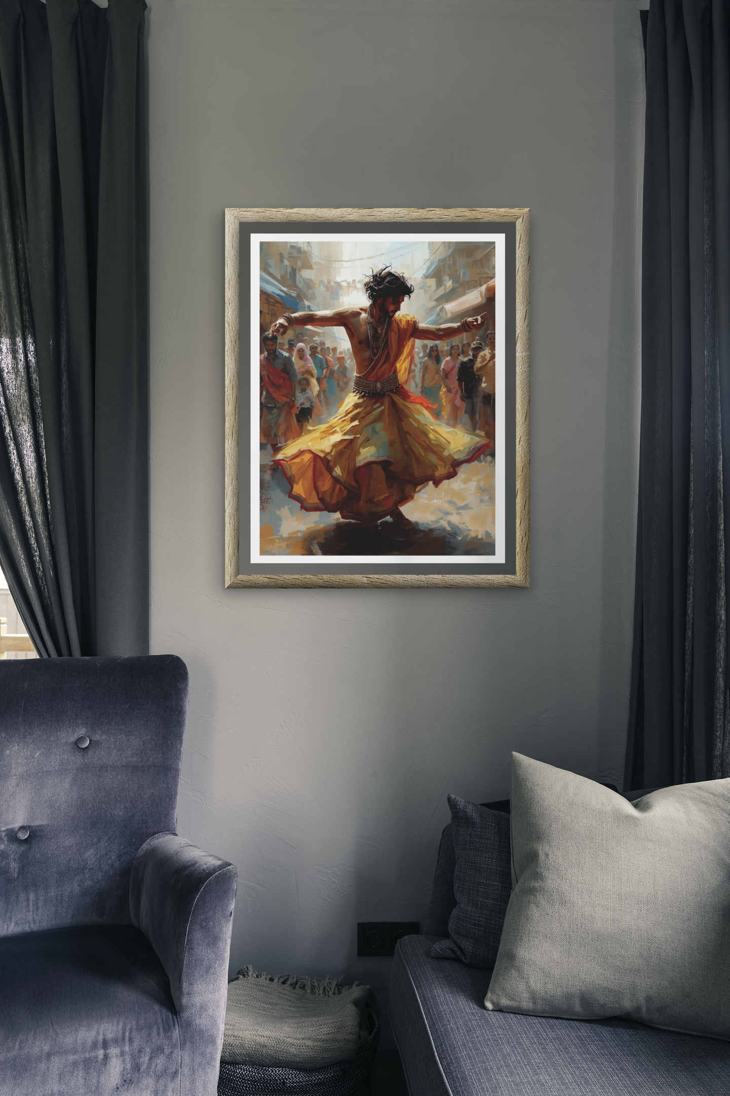 Framed painting of a dancer in a room with gray walls and dark curtains.