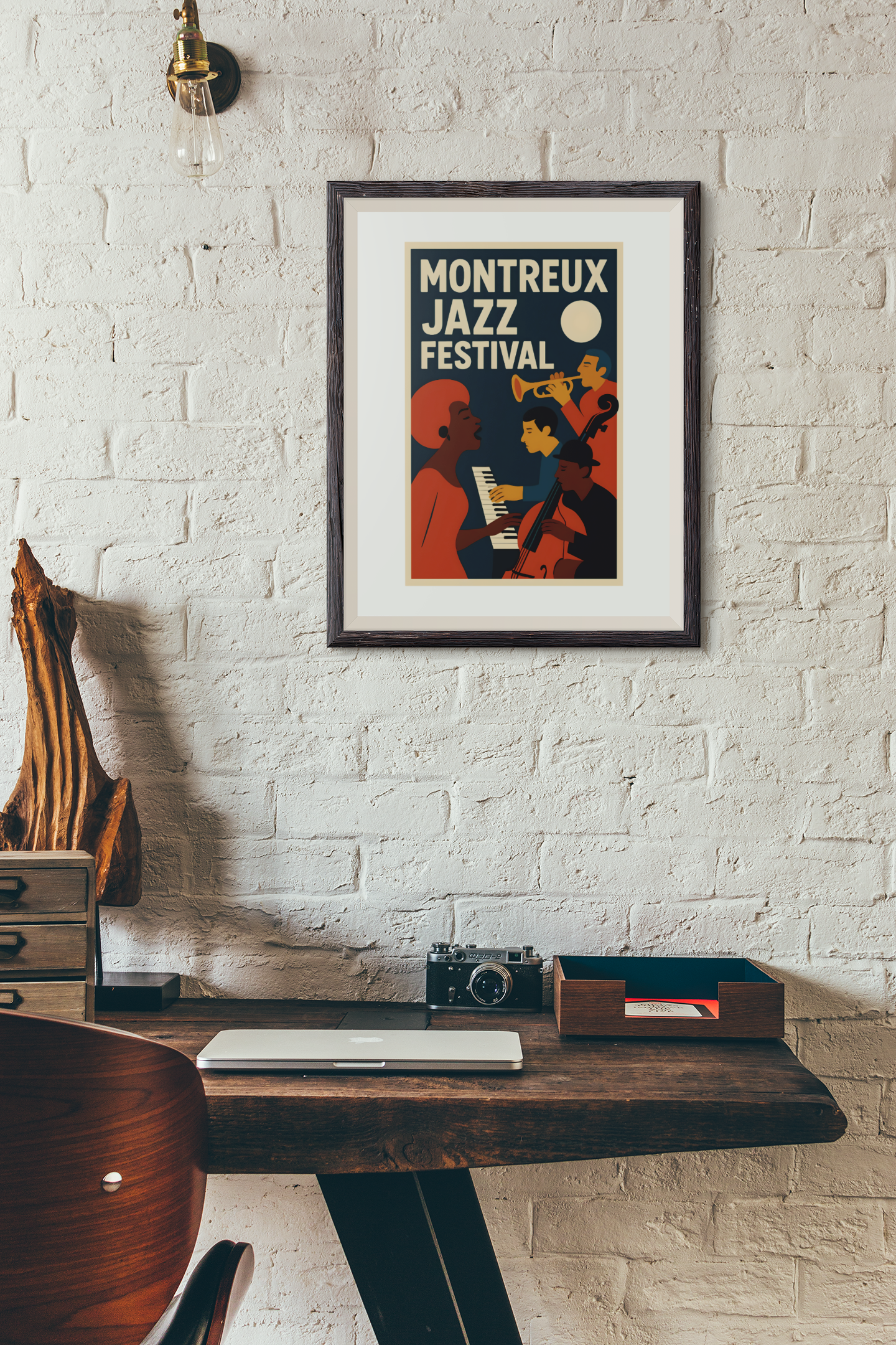 Framed Montreux Jazz Festival poster on a brick wall above a desk.