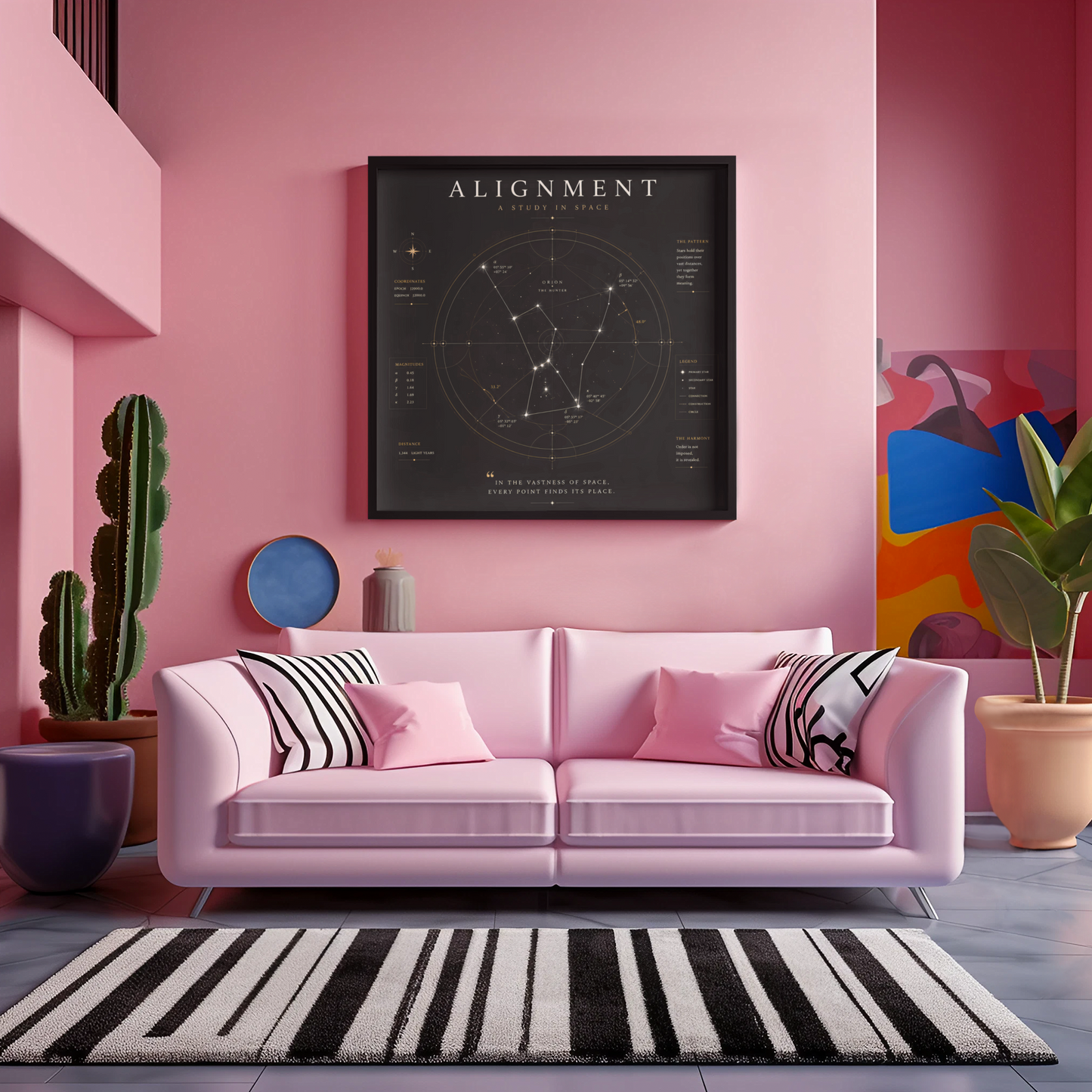 Modern constellation wall art displayed above a sofa in a colourful contemporary living room.