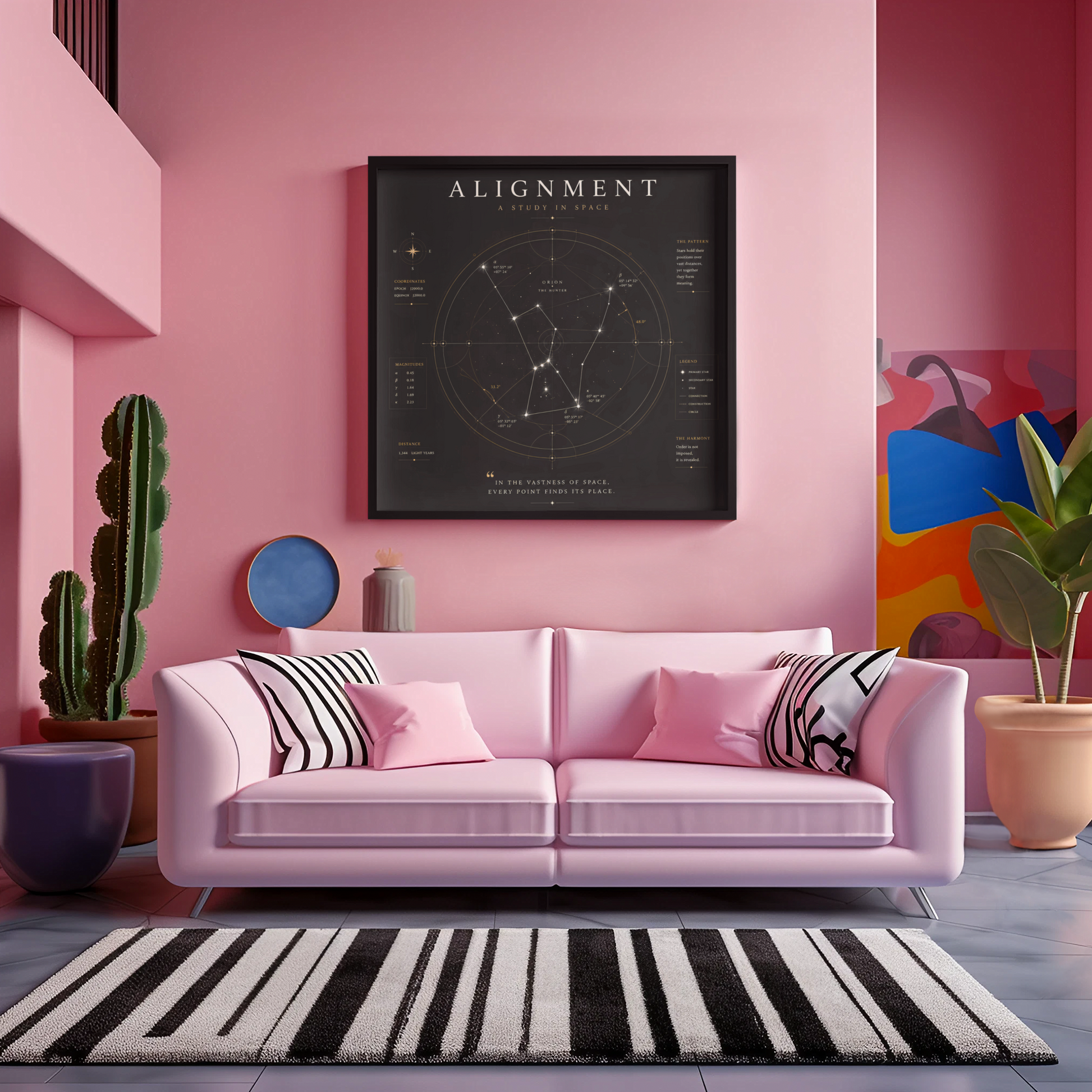 Modern constellation wall art displayed above a sofa in a colourful contemporary living room.