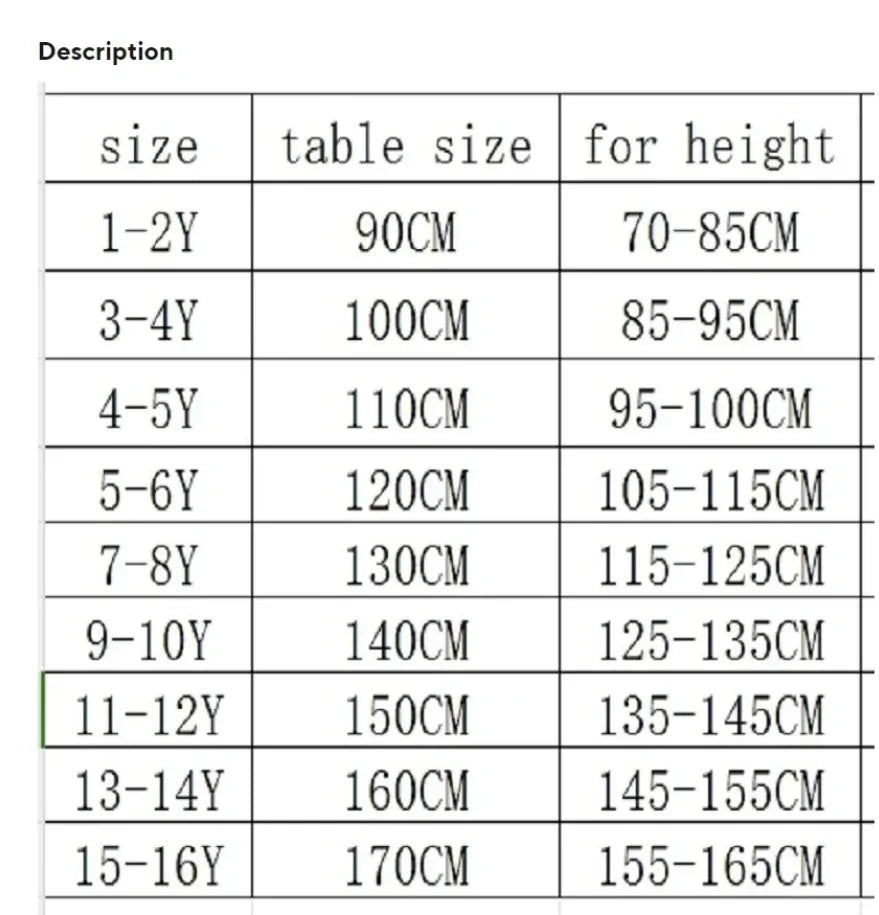 Table with size chart for children's furniture, including table size and height range.