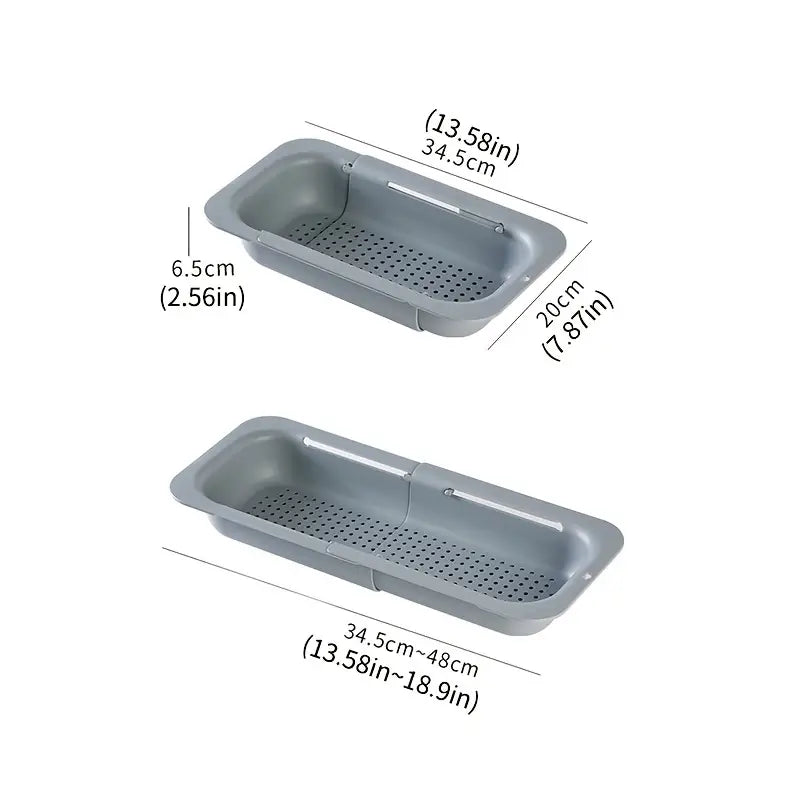 Gray perforated tray with dimensions labeled on a white background