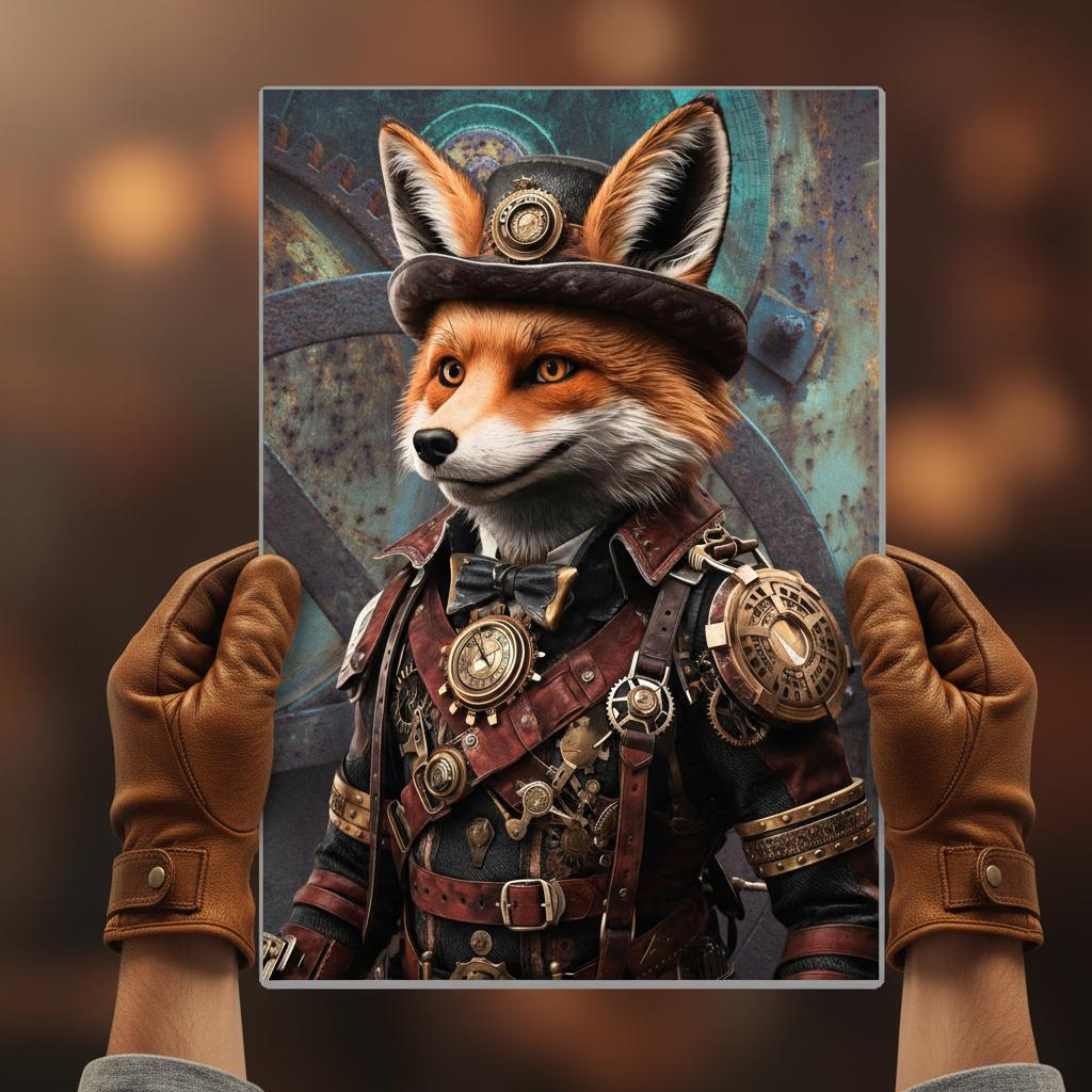 Steampunk fox character in a suit held by hands wearing gloves against a blurred background