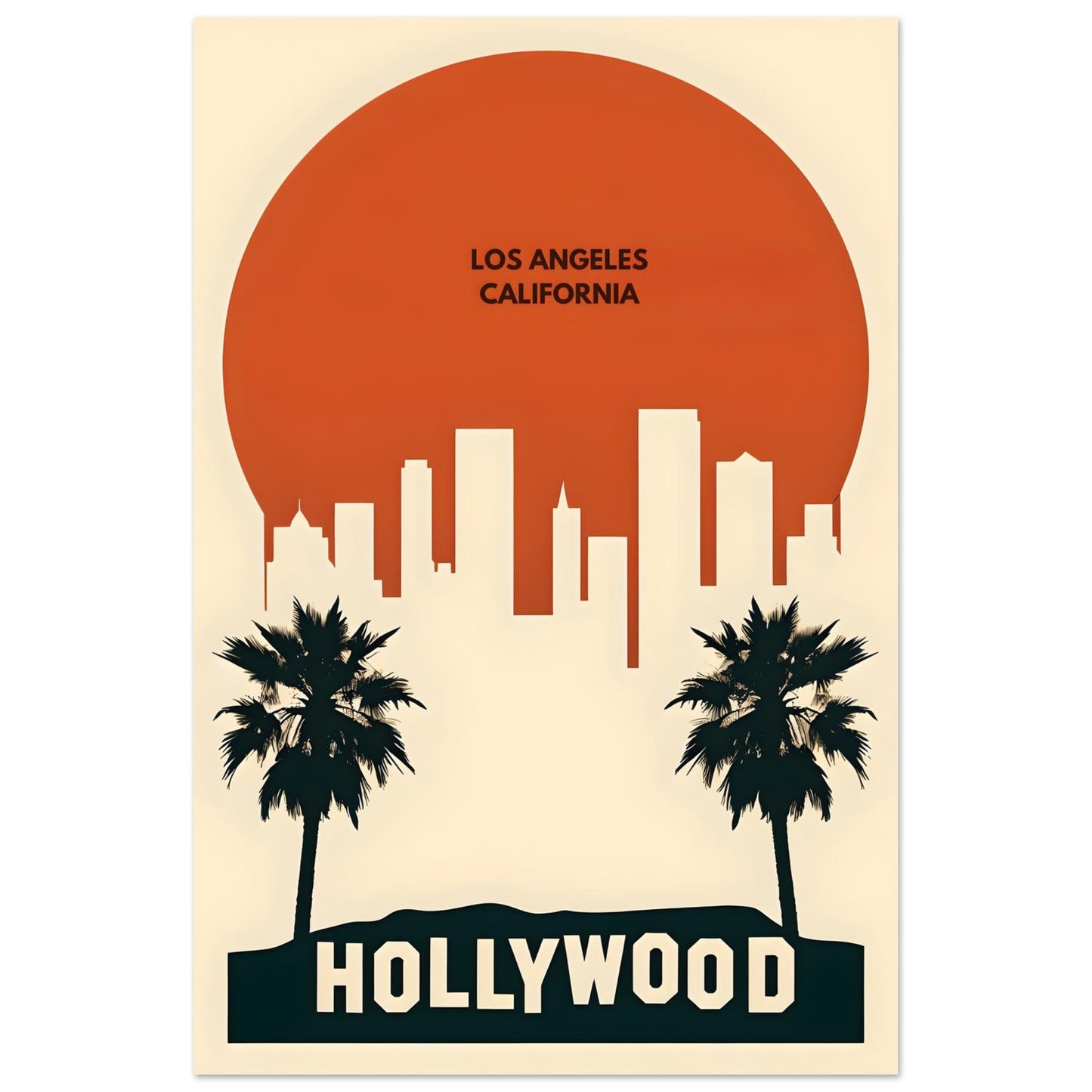 Poster of Los Angeles with palm trees and 'Hollywood' text on a beige background