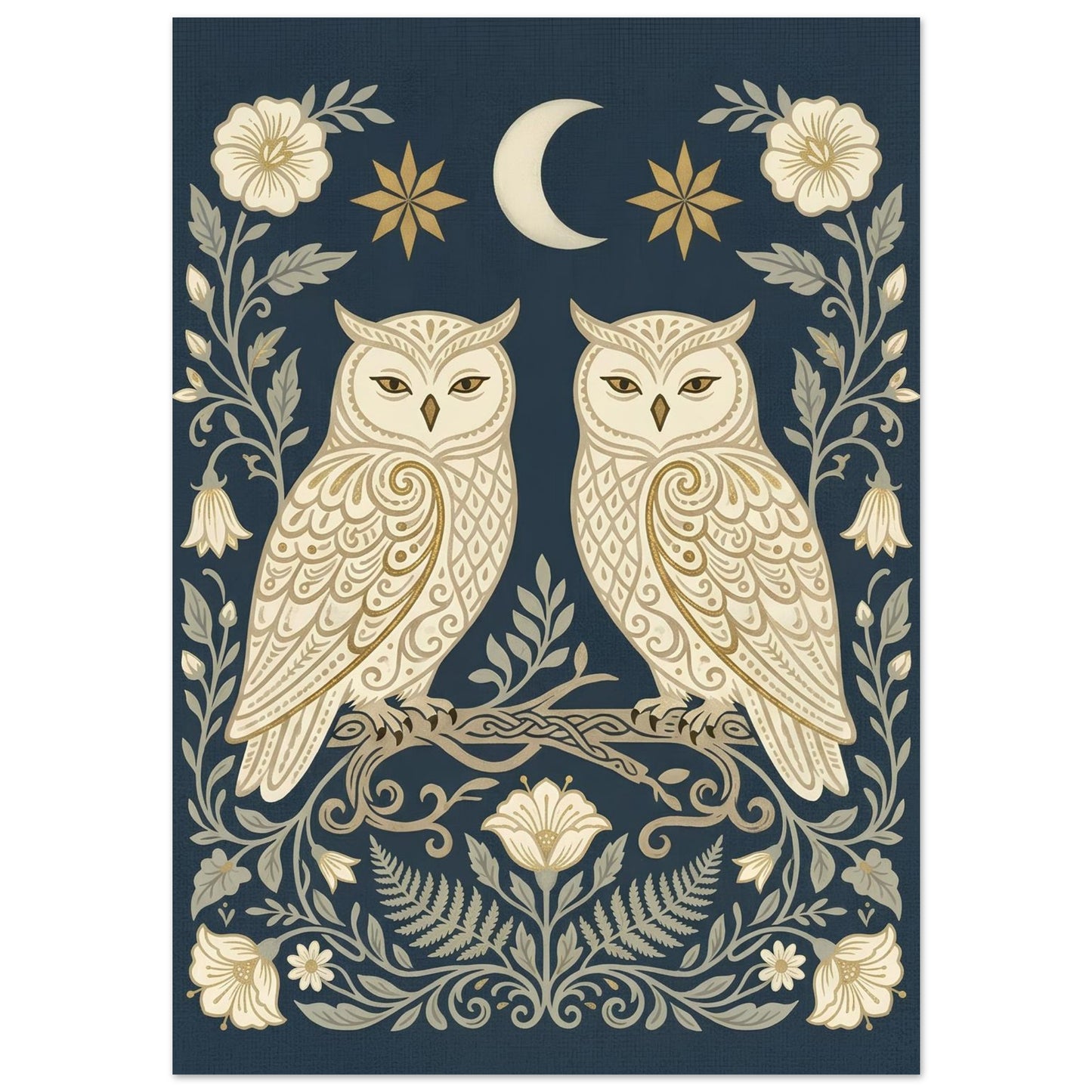 Close-up of Owls & Moonflowers wall art featuring symmetrical cream owls, moonflowers and celestial details on a navy background.
