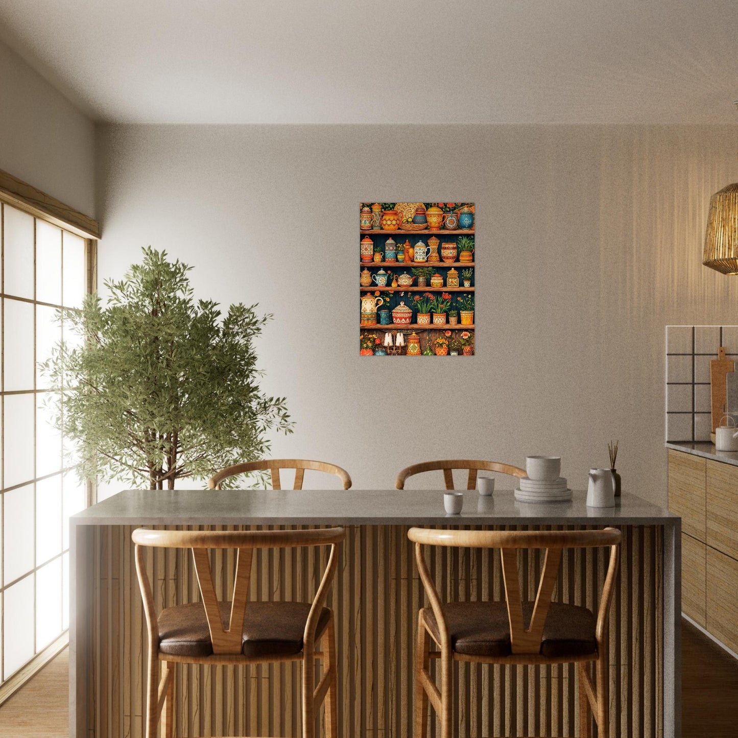 Dining area with a table and chairs, a plant, and a wall art piece of shelves with pots.
