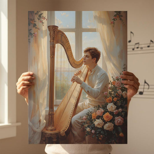 Person playing a harp with floral decorations and music notes in the background