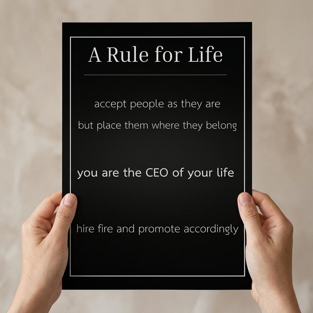 minimalist black typography poster held in hands with a rule for life quote