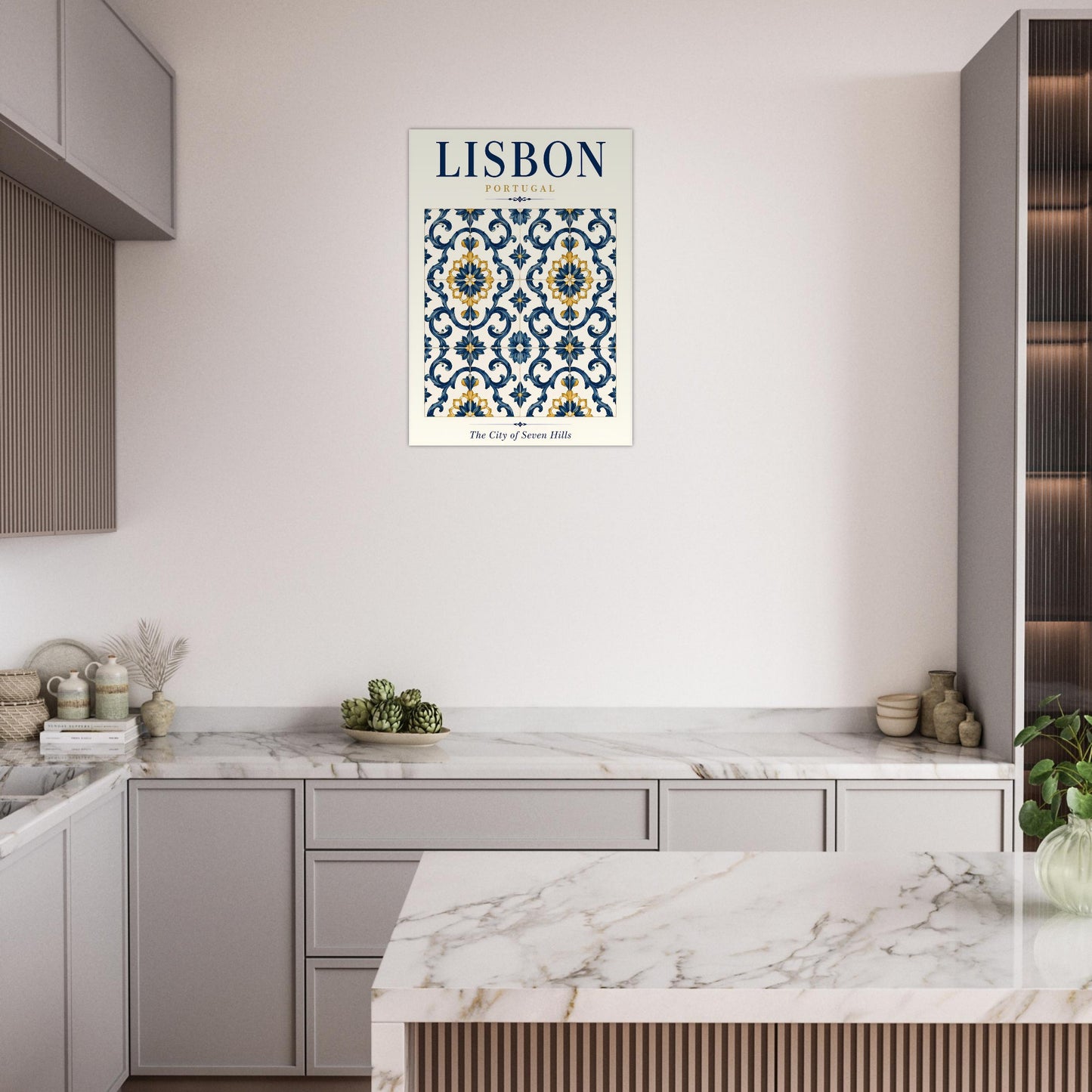 Lisbon azulejo poster displayed on a white wall in a minimalist modern kitchen.