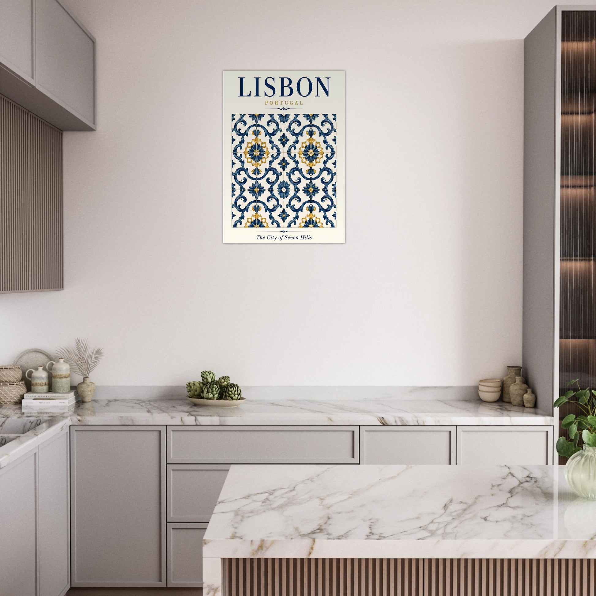 Lisbon azulejo poster displayed on a white wall in a minimalist modern kitchen.