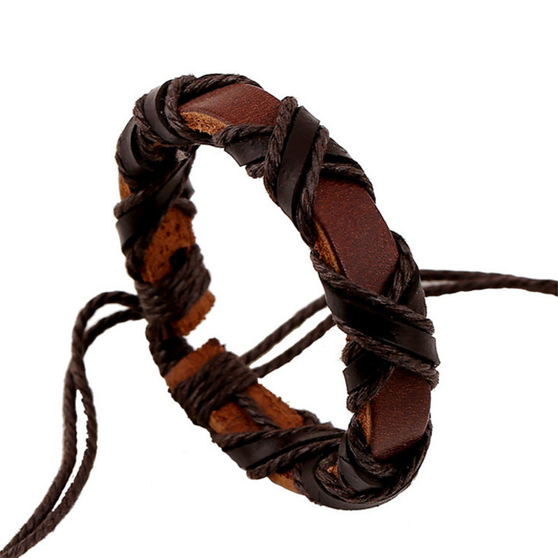 Brown braided leather bracelet on a white background