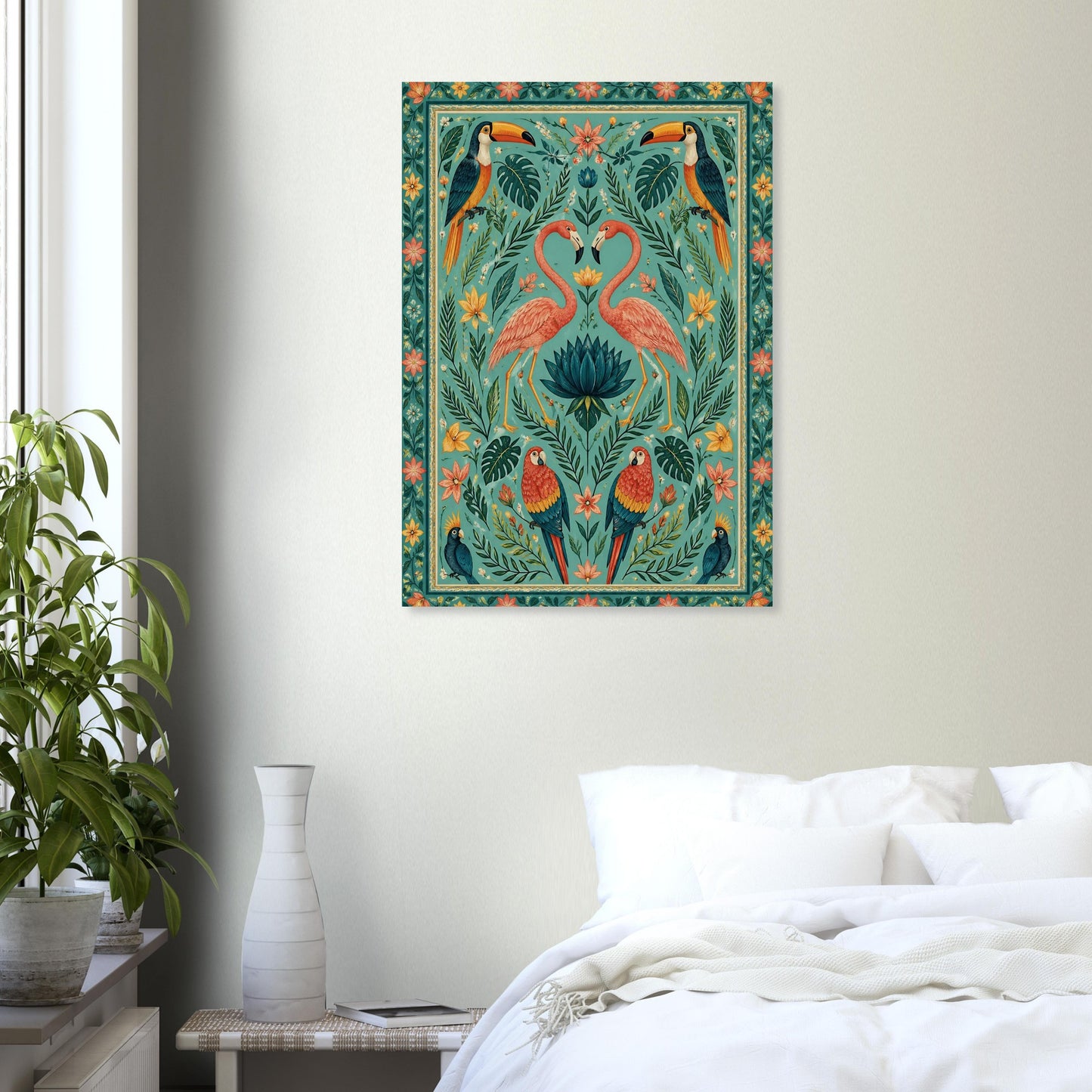Tropical flamingo poster displayed in bright bedroom on a light green wall with neutral tones and soft furnishings