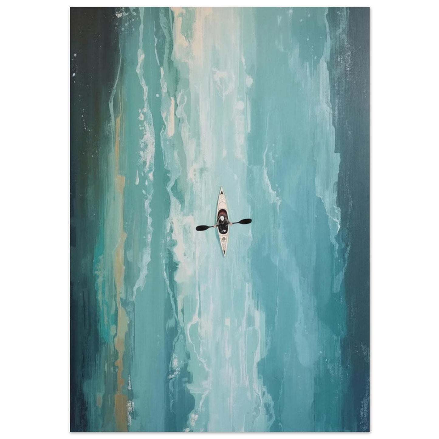 Kayaker Poster in the middle of a river with a colorful, abstract background